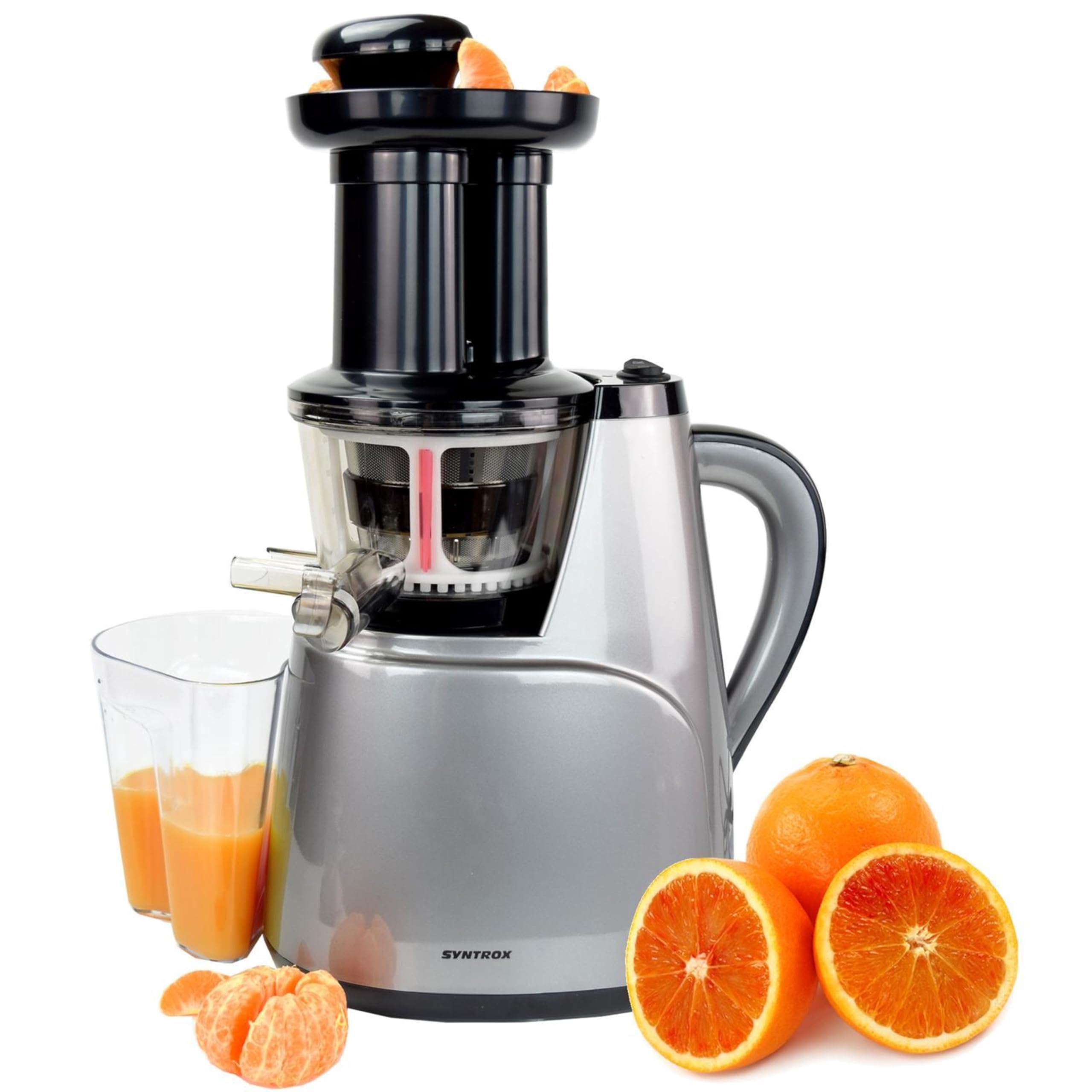 Syntrox Slow Juicer Quirzo | kleiner | kalt | langsam | Entsafter | Saftpresse, mit Aufsätzen, für Obst und Gemüse, 45 U/min, Küchengeräte, Schwarz-Silber