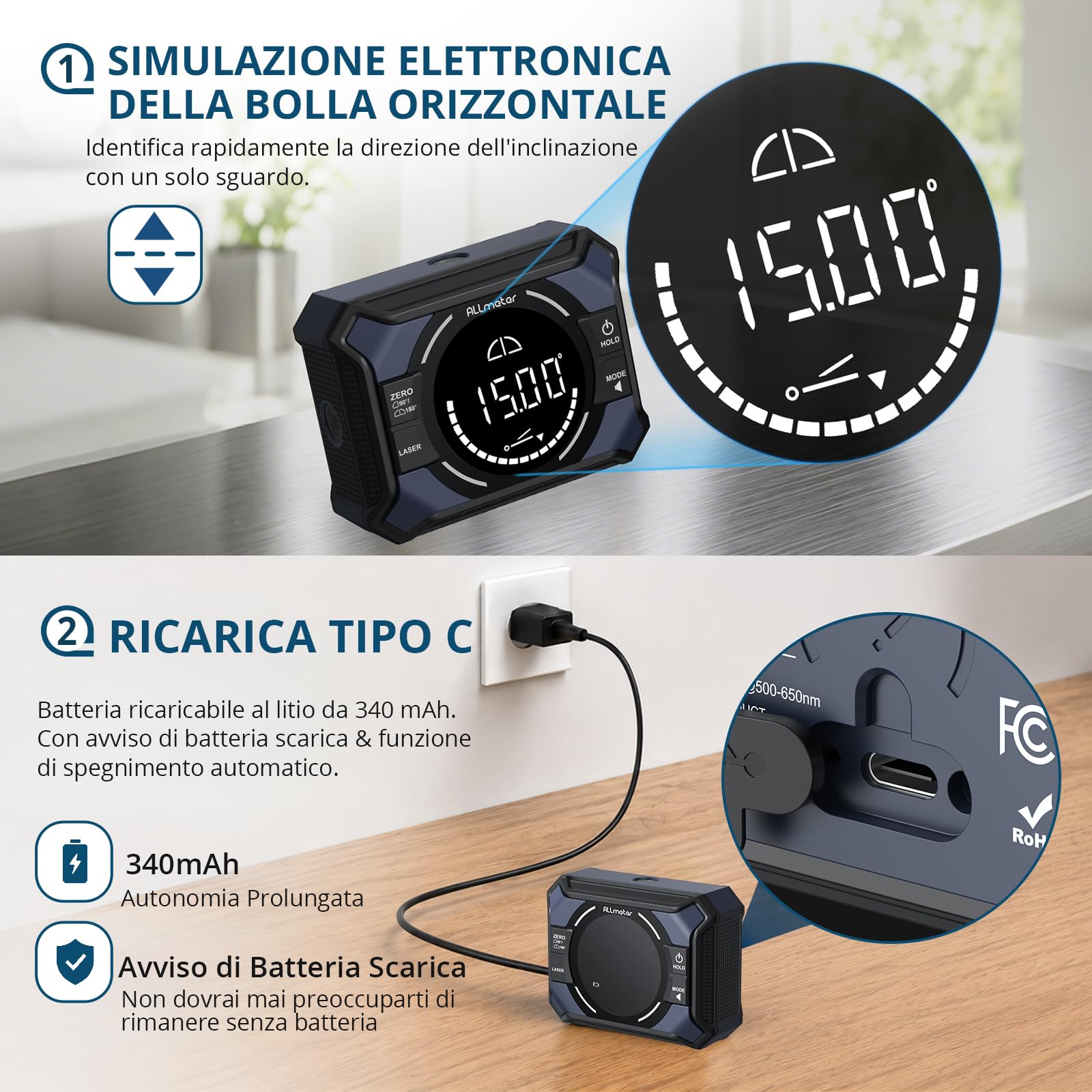 Livella Digitale Ricaricabile 3-in-1 con Doppia Linea Laser Rossa | Inclinometro Digitale 4×90° e 2×180° con Precisione ±0,1°/0,2° e Base Magnetica per Falegnameria, Lavori a Muro e Fai-da-Te