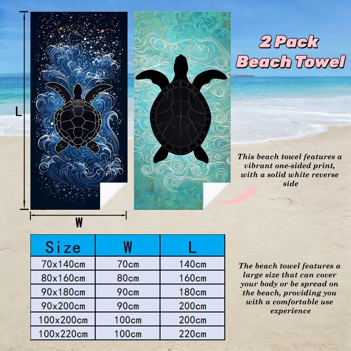 Ręcznik plażowy z mikrofibry, duży ręcznik plażowy 90 x 180 cm 2 sztuki, męski damski ręcznik gimnastyczny, odporny na piasek ręczniki plażowe, szybkoschnące ręczniki plażowe z mikrofibry (żółw morski