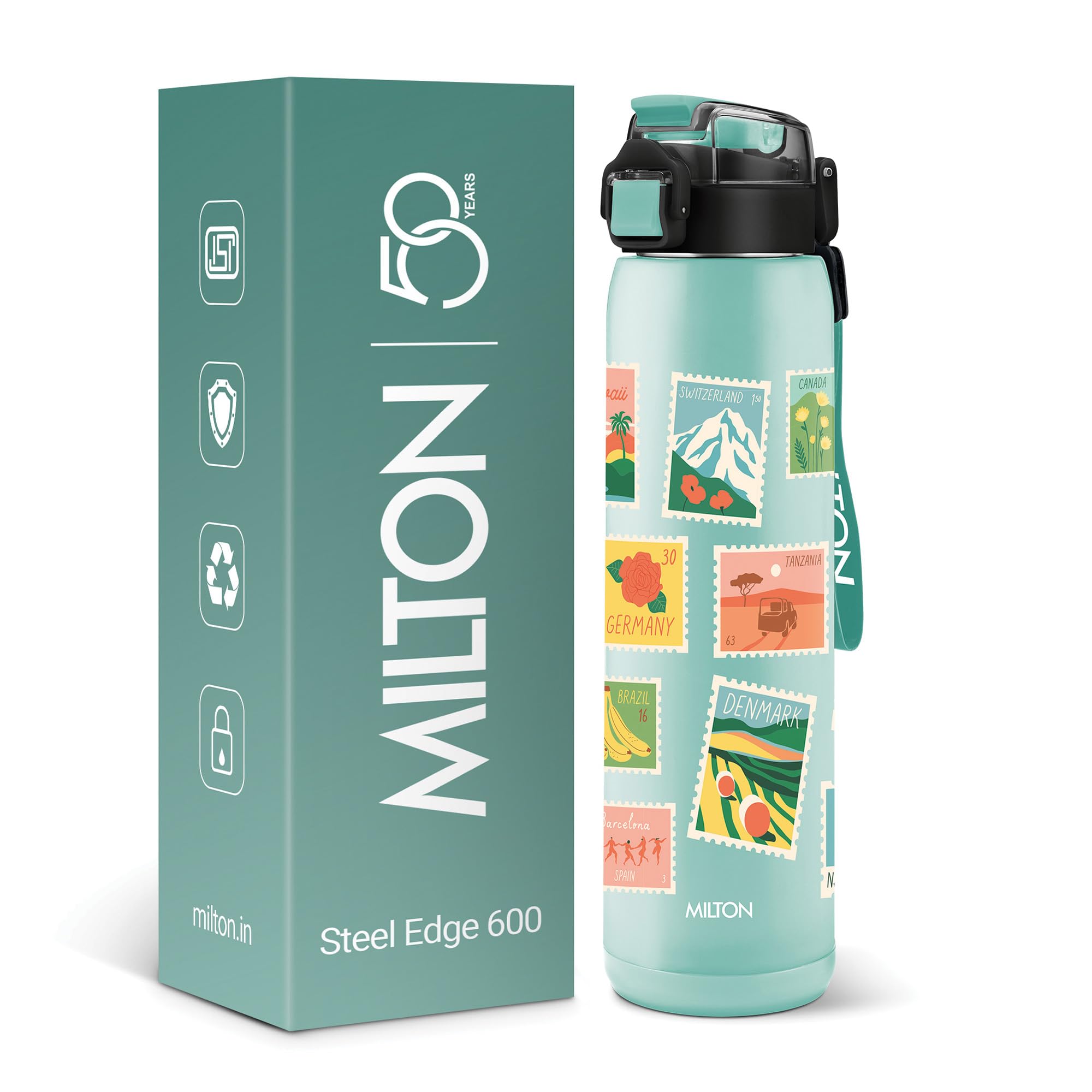Milton Steel Edge 600 Thermoware Water Bottle 500 ml with One Touch Safety Lock & Twin Lid Sip or Gulp,Long Hours Hot & Cold,Leak Proof,ISI Certified,Vacuum Insulated,for Office,Gym,School, Aqua Green