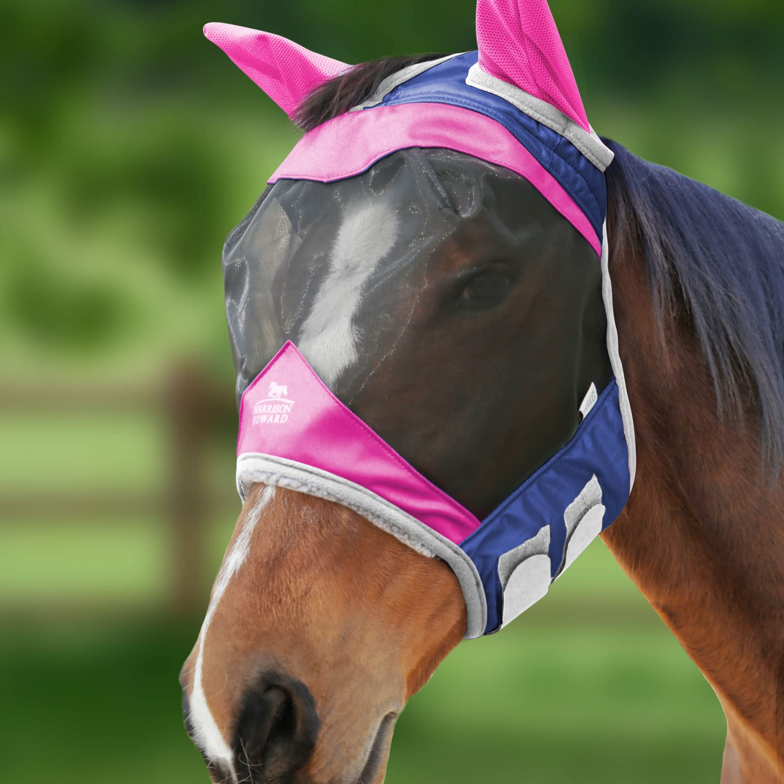 Harrison Howard Luxe Dual-Tone Horse Fly Mask Half Face with Ears Fully Visible UV-Blocking Fine Mesh Soft Fleece Edging for Extra Comfort Fuchsia/Navy L Full Size