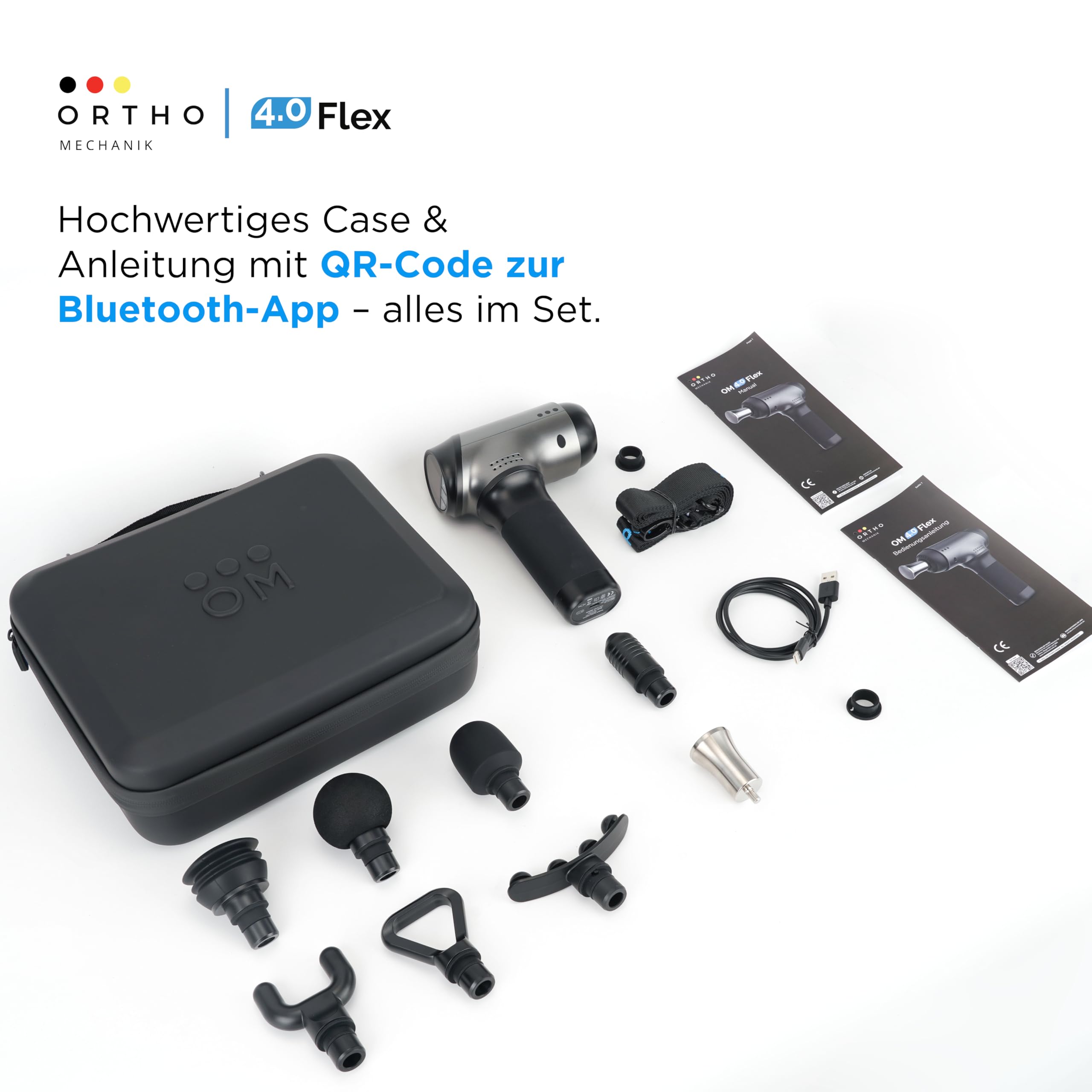 OrthoMechanik® 4.0 Flex | OrthoGun | Variable Amplitude (8–12 mm) & interaktive App mit Video-Anleitungen | 8 Aufsätze | 4000 mAh Akku