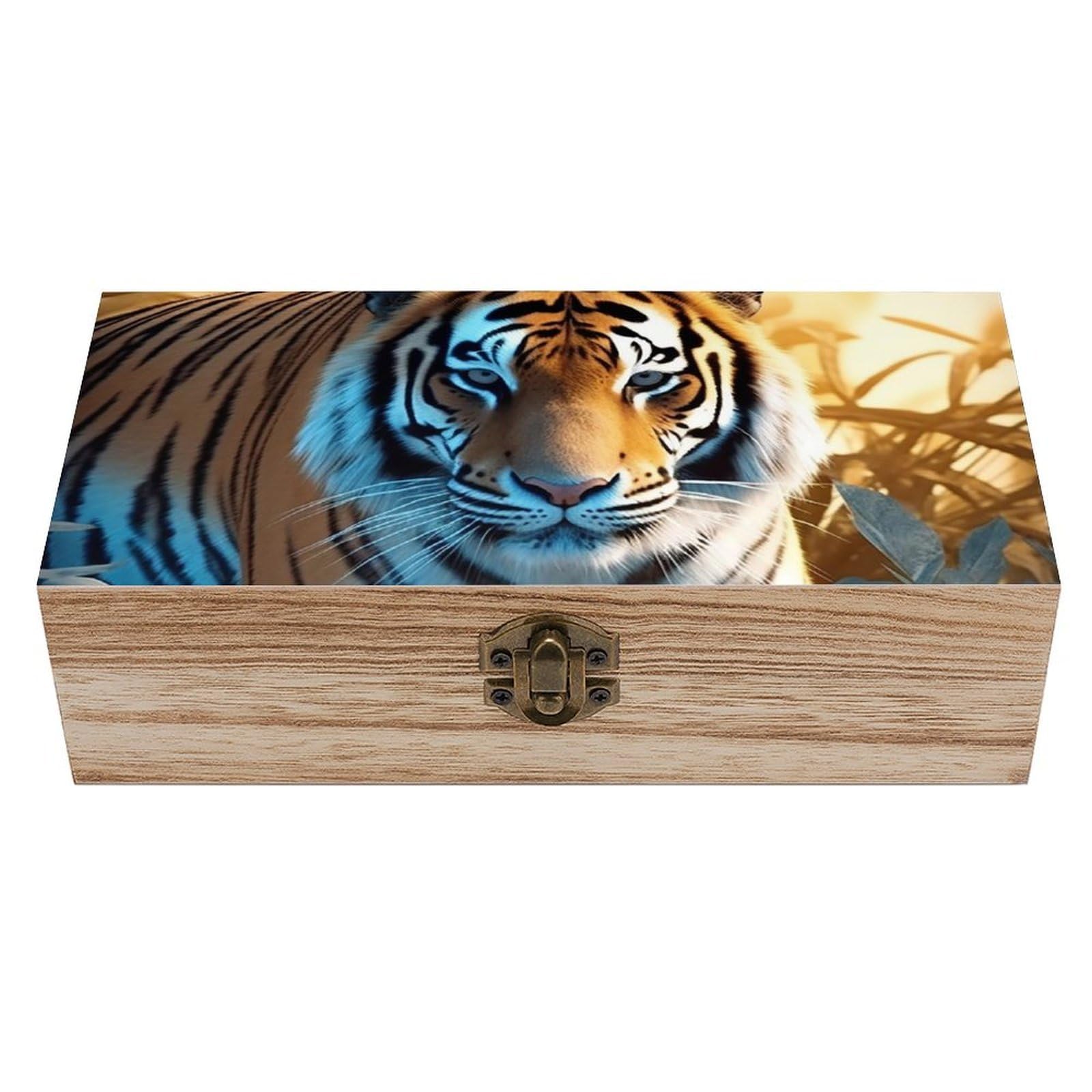 DWVTSLH African Wildlife Tiger Wooden Storage Box Locked Wood Gift Box Decorative Keepsake Boxes Storage Bins, Memory Boxes for Pictures, Jewelry Organizer Unique Gift Ideas for Men Women