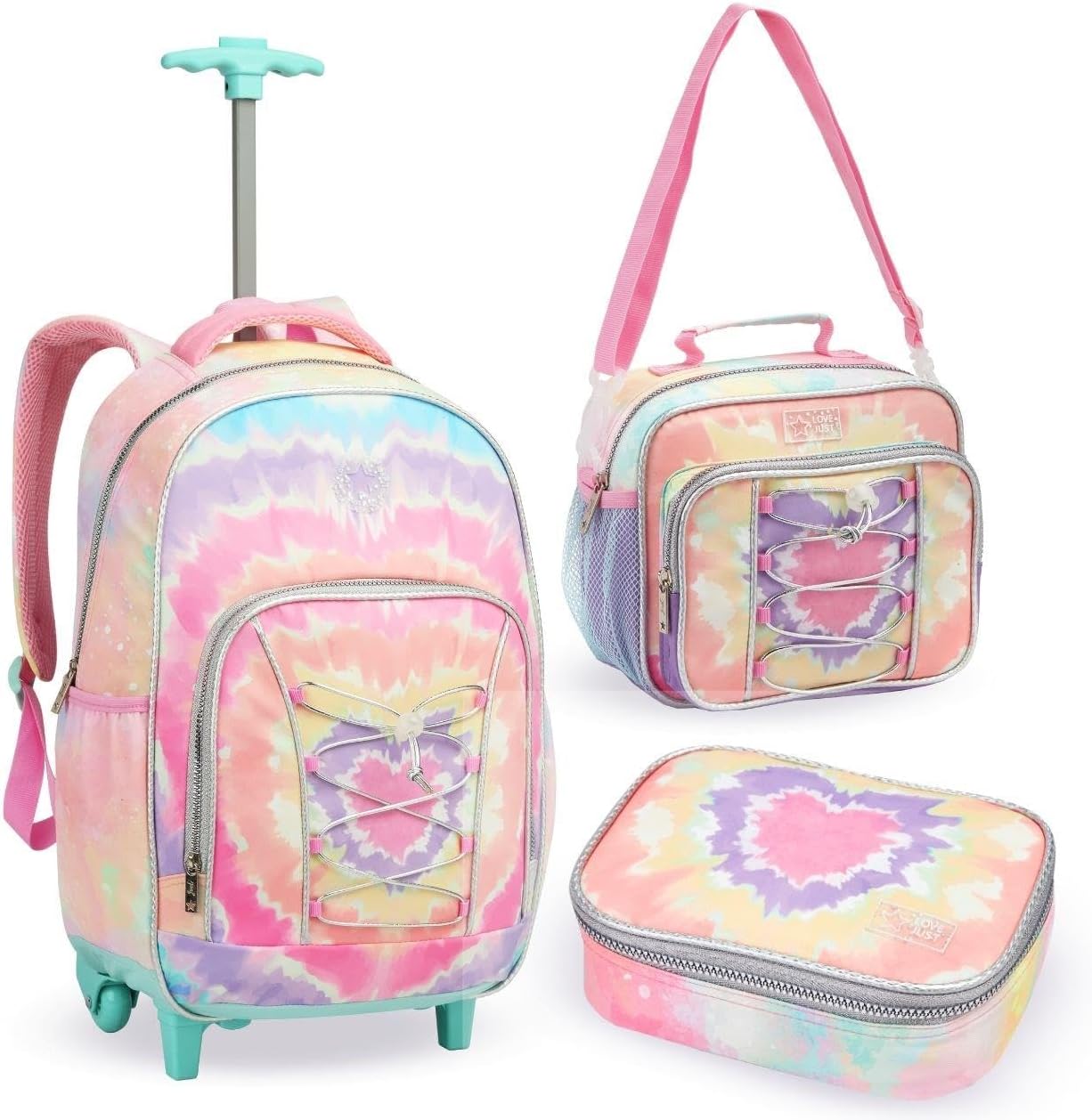 Kit Material Escolar Feminino, Mochila de Rodinhas + Lancheira Térmica + Estojo, Alça, Estampa, Compartimentos e Zíper, Menina (Kit Escolar Tie Dye Coração)