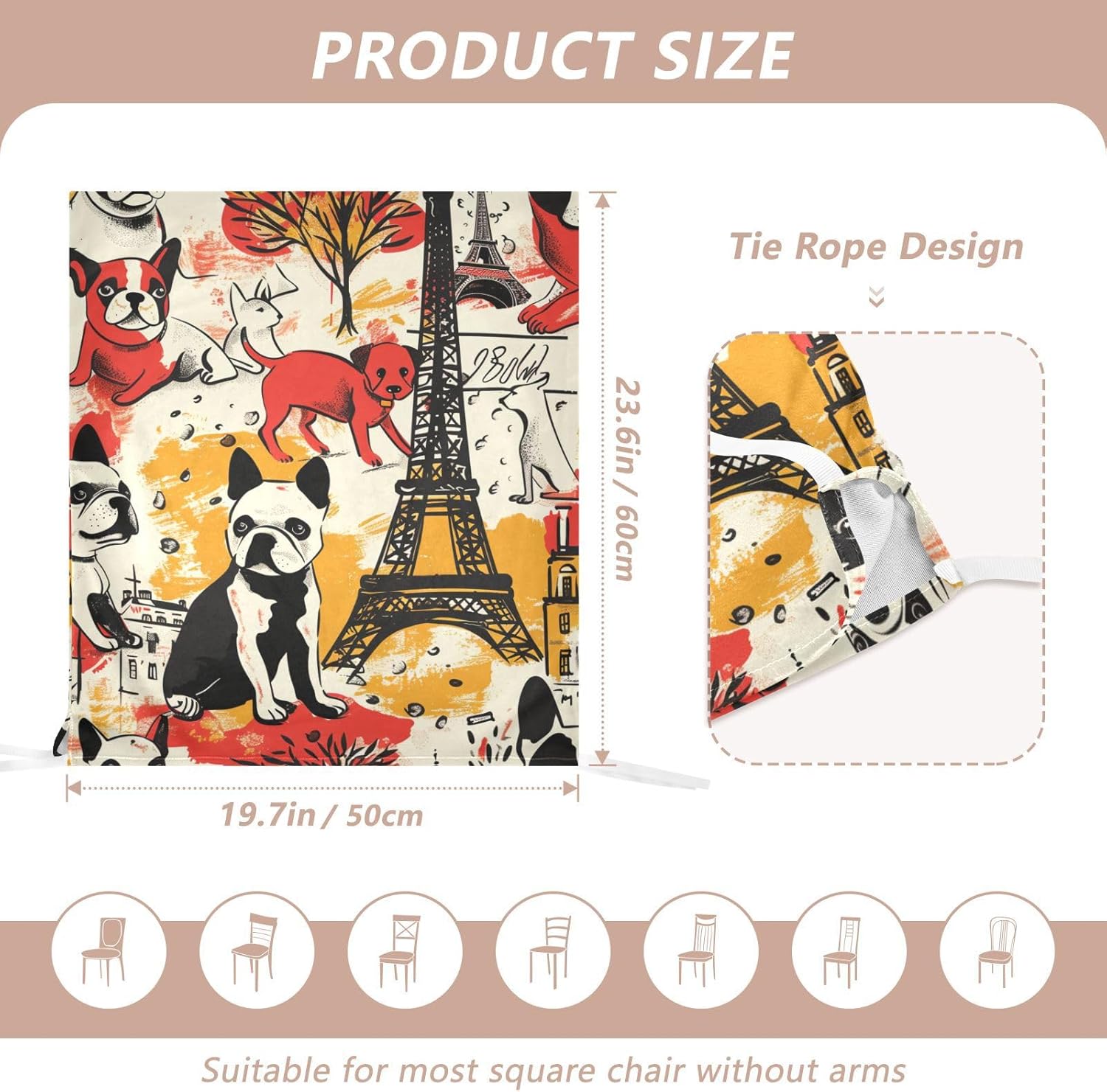 ALAZA Vintage Dogs Paris Chair Back Cover Set of 6, Washable Reusable Removable Chair Slipcovers Decorative Chair Cover for Home Kitchen Wedding Party