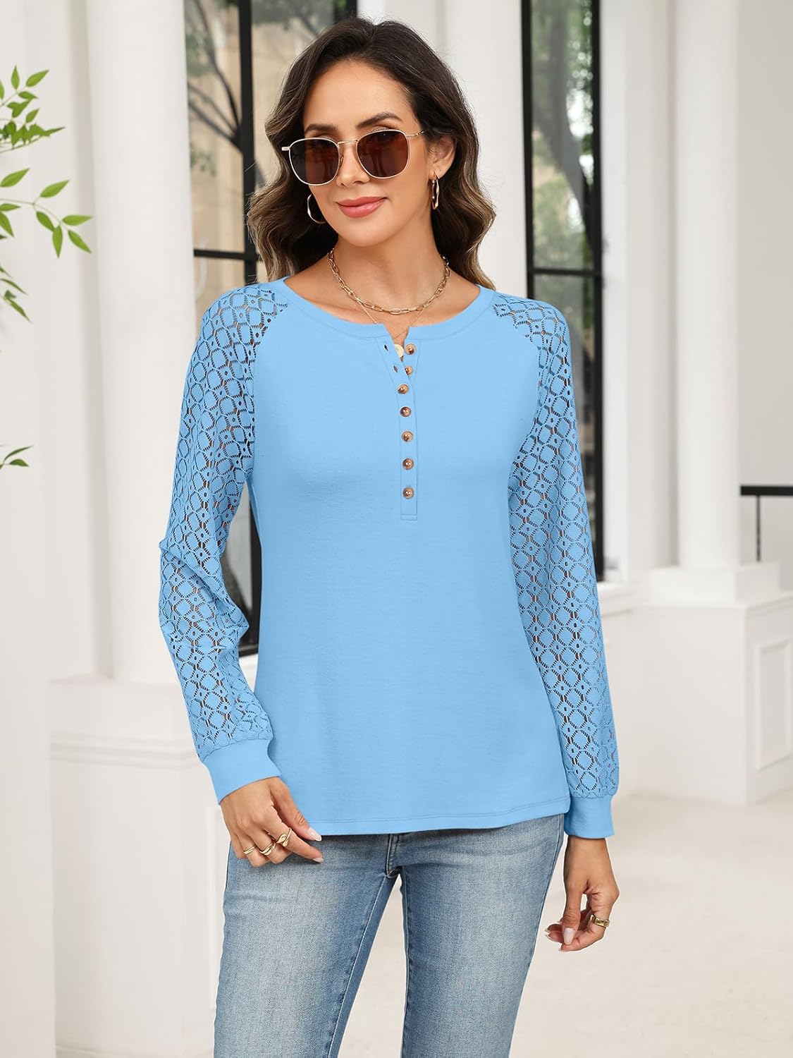 Minetom Women's Lace Long Sleeve Tops Henley Shirts Casual Blouses T Shirts Fall Clothes - Image 2