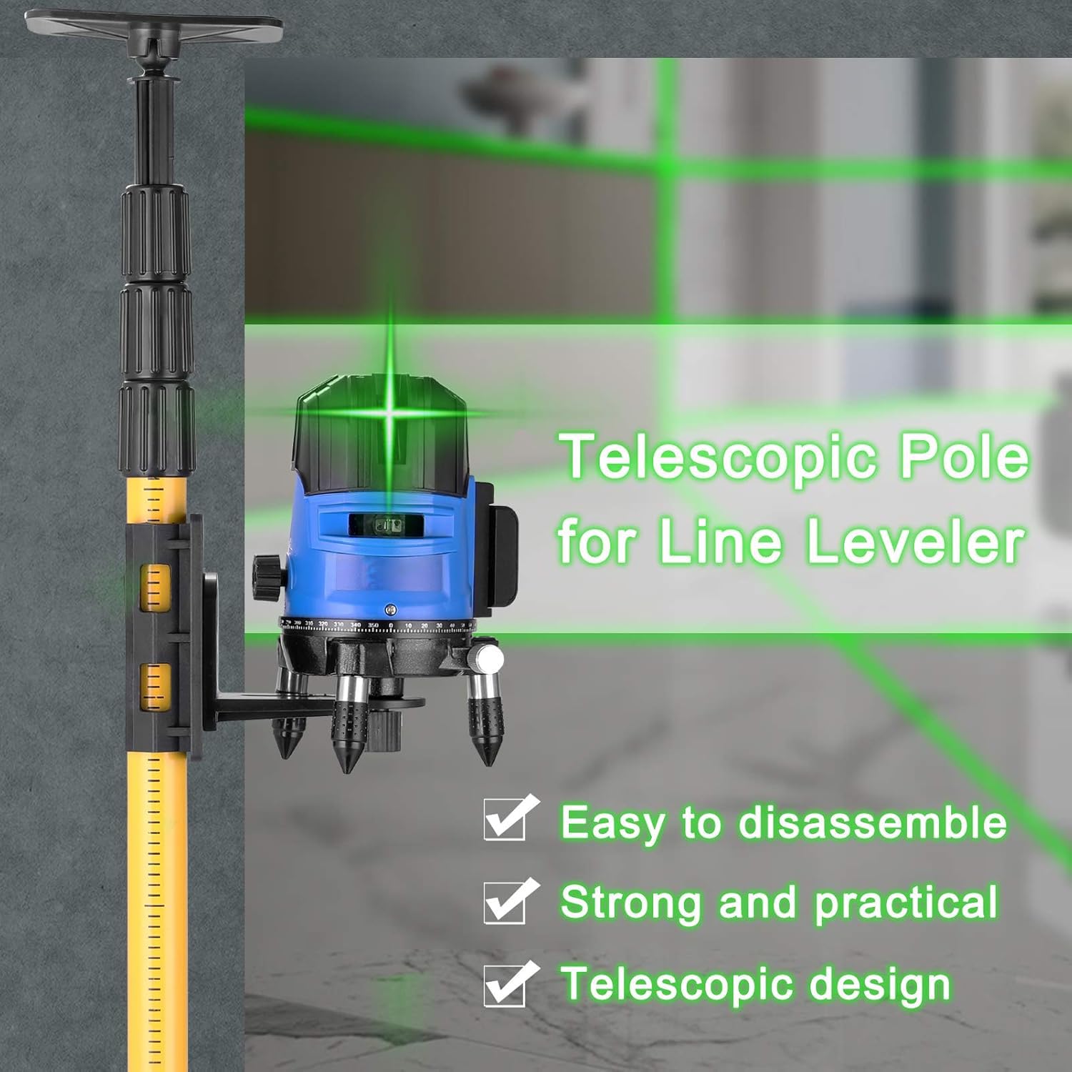Trípode para Nivel Laser, Poste Telescópico de Nivelación,115-280 cm Ajustable, Soporte Extensible de Elevación de Rosca de 5/8"-1/4" Pulgadas para Láseres Rotativos y de Línea
