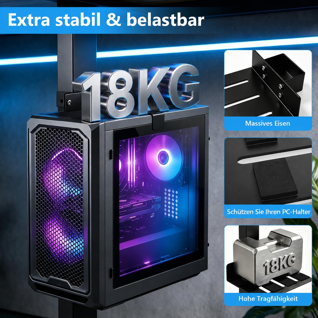 Supporto per PC sotto la scrivania, supporto regolabile per CPU senza foratura, per scrivanie regolabili in altezza, solo per gambe del tavolo da 80 × 50 mm, portata fino a 18 kg, facile da