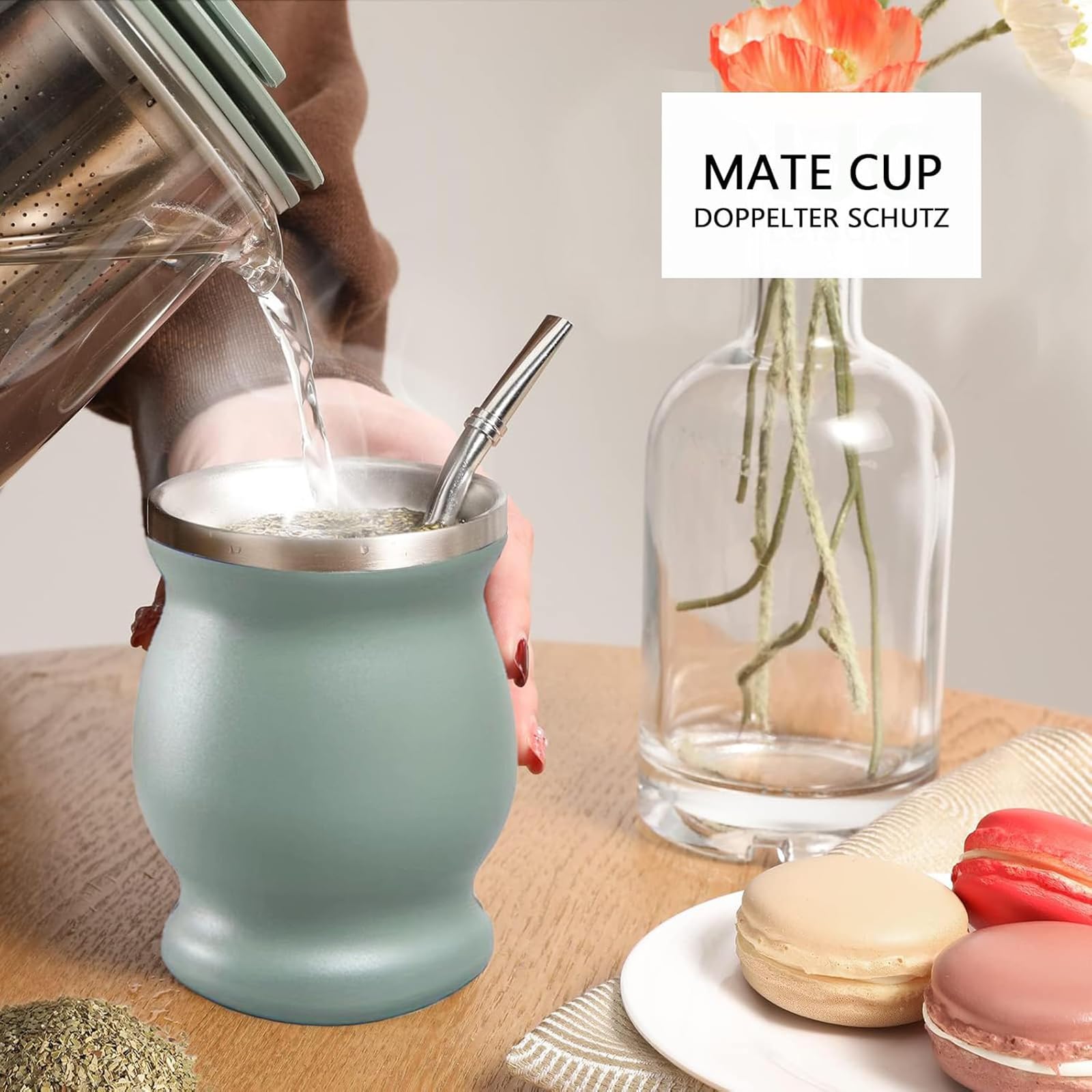 Yerba Mate Tasse à thé traditionnelle originale à double paroi avec cuillère et brosse de nettoyage en acier inoxydable pour café et thé 237 ml