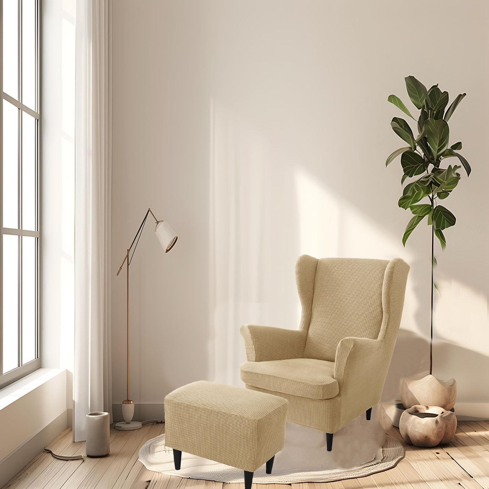 Ohrensessel Überzug Ohrensesselbezüge, Elastisch Weich Sessel Überwürfe Ohrensessel Schonbezüge mit hocker für Wohnzimmer Schlafzimmer Zuhause(Beige)