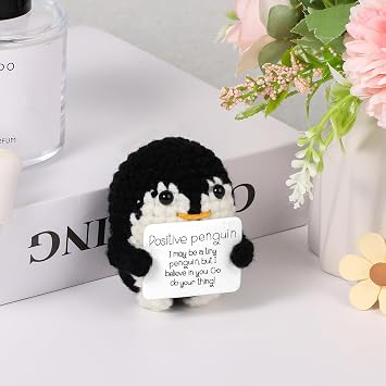 Positive Penguin, 2.6 Inch Knitted Toy, Handmade Mini Funny Crochet Doll with Positive Cards, Encouraging Gift for Home & Office Decor (Black)