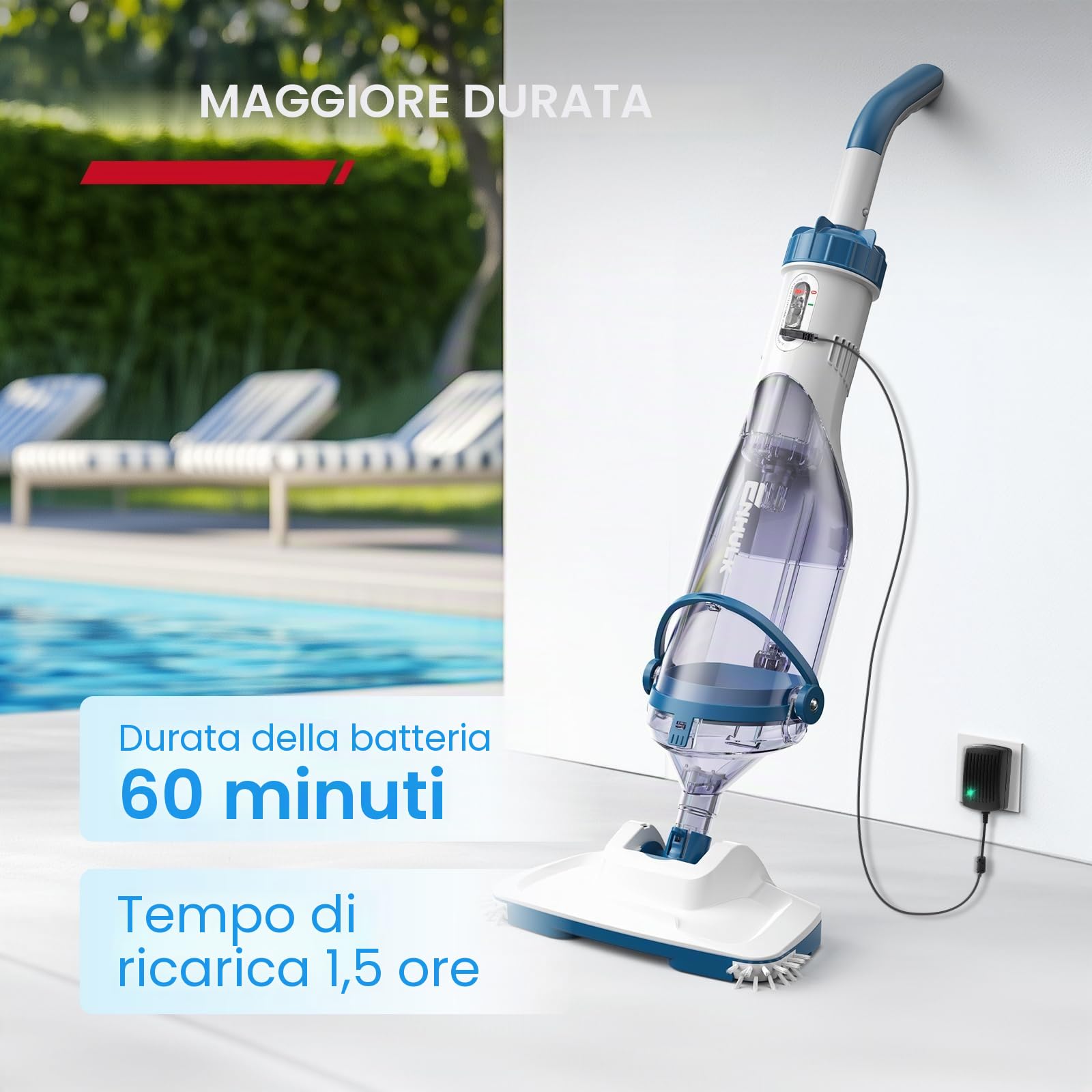 Enhulk Batteria per aspirapolvere per piscina, 2025, testa larga 34 cm, tempo di funzionamento fino a 60 minuti, con 3 filtri e asta telescopica, aspirazione fino a 4200 l/h, ideale per piscina fuori