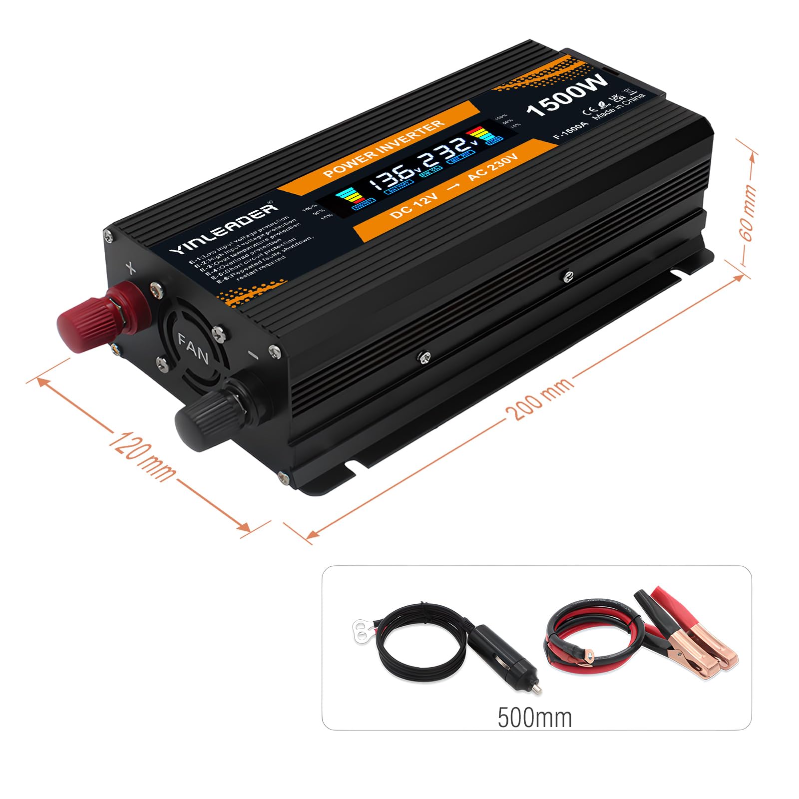 Spannungswandler 12V 230V 1500W Wechselrichter Großes Display Stromwandler 12 auf 230 Inverter