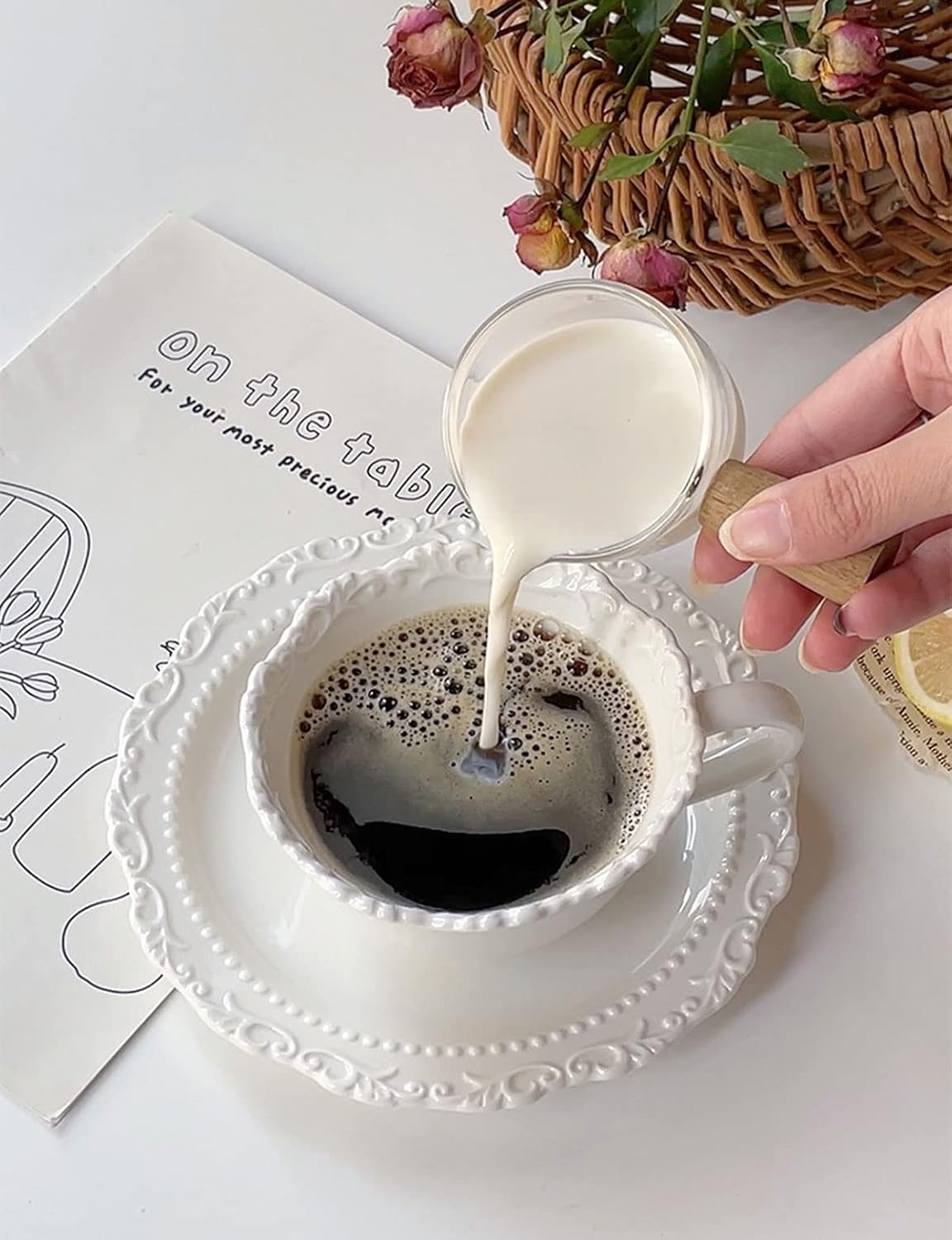 Coffee Cups Saucer Sets Embossed Ceramic Vintage Latte Mug With Spoon,White Porcelain Elegant Tea Cup,for Milk Black Tea