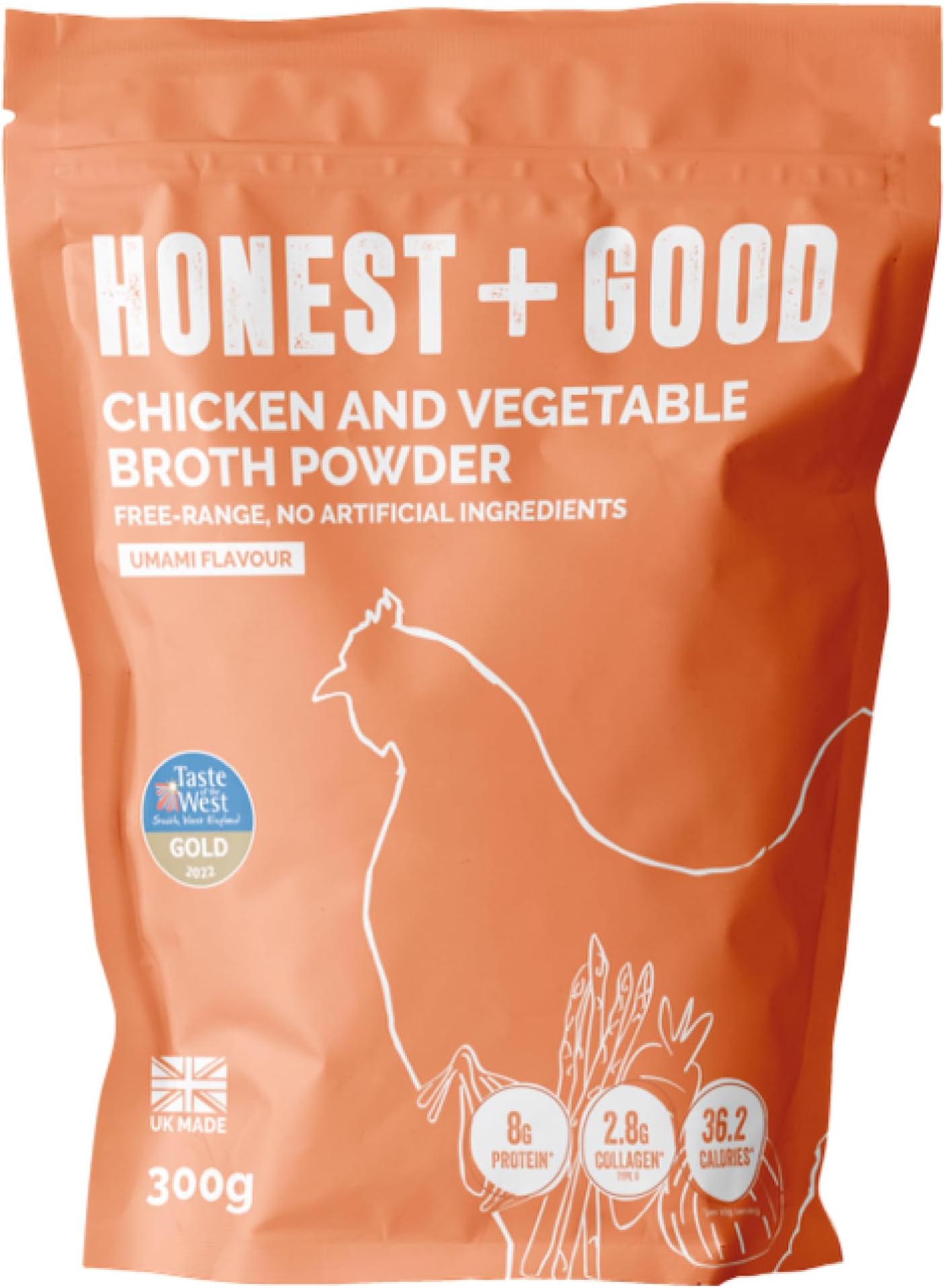 Honest + Good Chicken & Vegetable Bone Broth Powder - 300 g | 1 Month Supply | UK Made Gold Award Winner | Made With Free Range Chicken | Type II Collagen & Protein Promote Hair Skin Nail & Gut Health