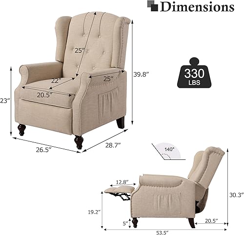 Miniatura 22 de Silla reclinable de masaje con respaldo de alas con calor, sillón de tela copetudo, sillón reclinable con respaldo a distancia y respaldo ajustable