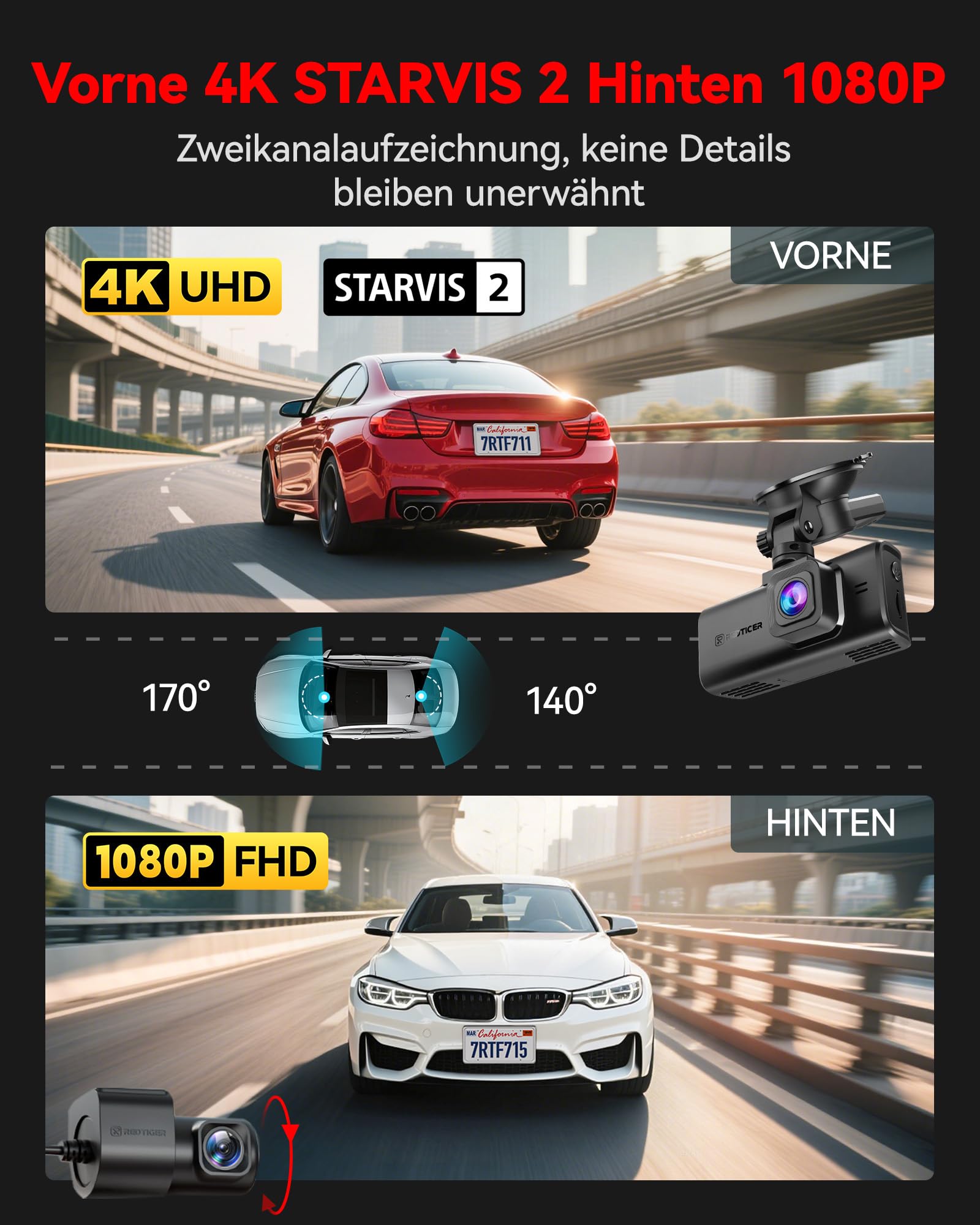 REDTIGER 4K STARVIS 2 Dashcam Auto Vorne Hinten Touchscreen 3.18 Zoll Sprachsteuerung WiFi 6 GPS 2160P UHD Nachtsicht Parkmonitor F7N Touch