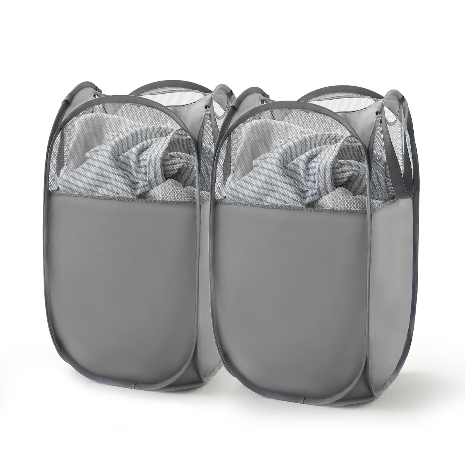 TECHMILLY Pop Up Foldable Laundry Basket, Mesh Laundry Hamper with Reinforced Handles for Dirty Clothes Storage in Dorm, Laundry Room, Bathroom, Grey(Fabric), 2 Pack