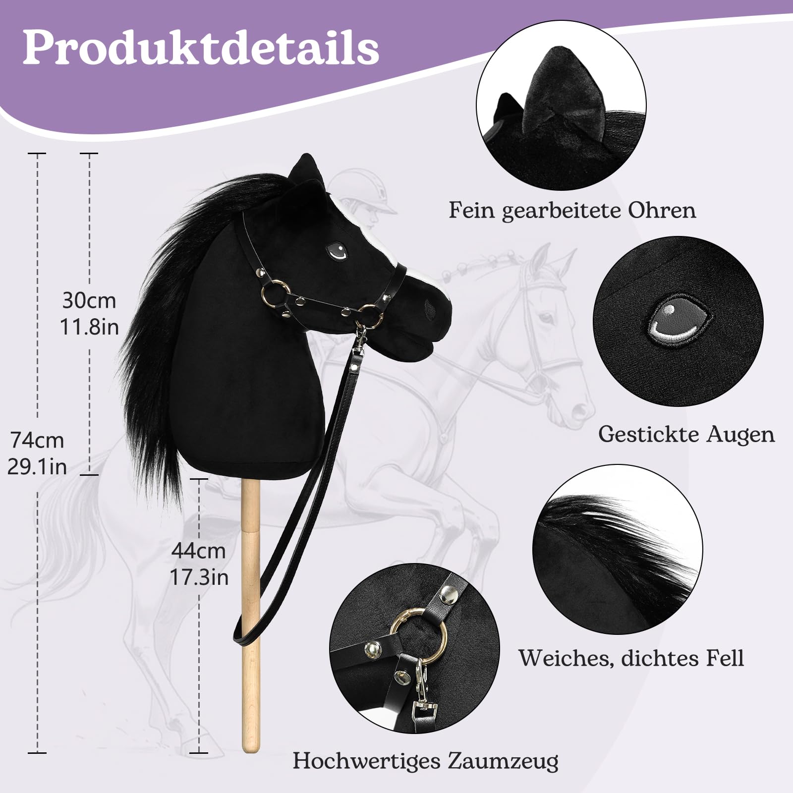 Hobby Horse - Koń na Kiju z Kantar i Ogłowiem (Czarny) | Duży Koń na Kiju dla Dzieci z Przykręcaną Tyczką 40 cm, Hobby Horse do Hobby Horsingu, do Zabaw w Odgrywanie Ról i Jazdy