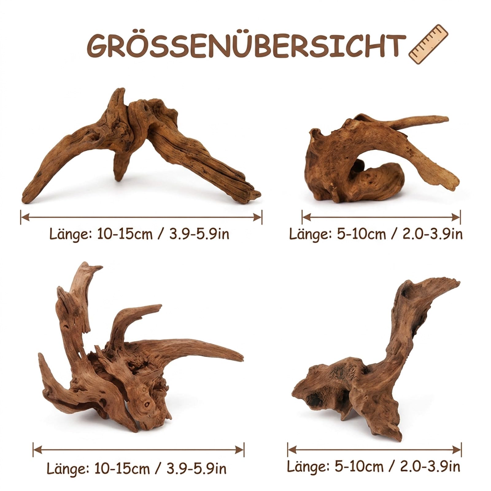 4 Pièces Bois Flotté pour Aquarium, Racine Aquarium Naturelle, Décoration Aquarium pour Paysage Aquatique, Branches Décoratives pour Terrarium et Décoration Intérieure(5-10CM, 10-15CM)
