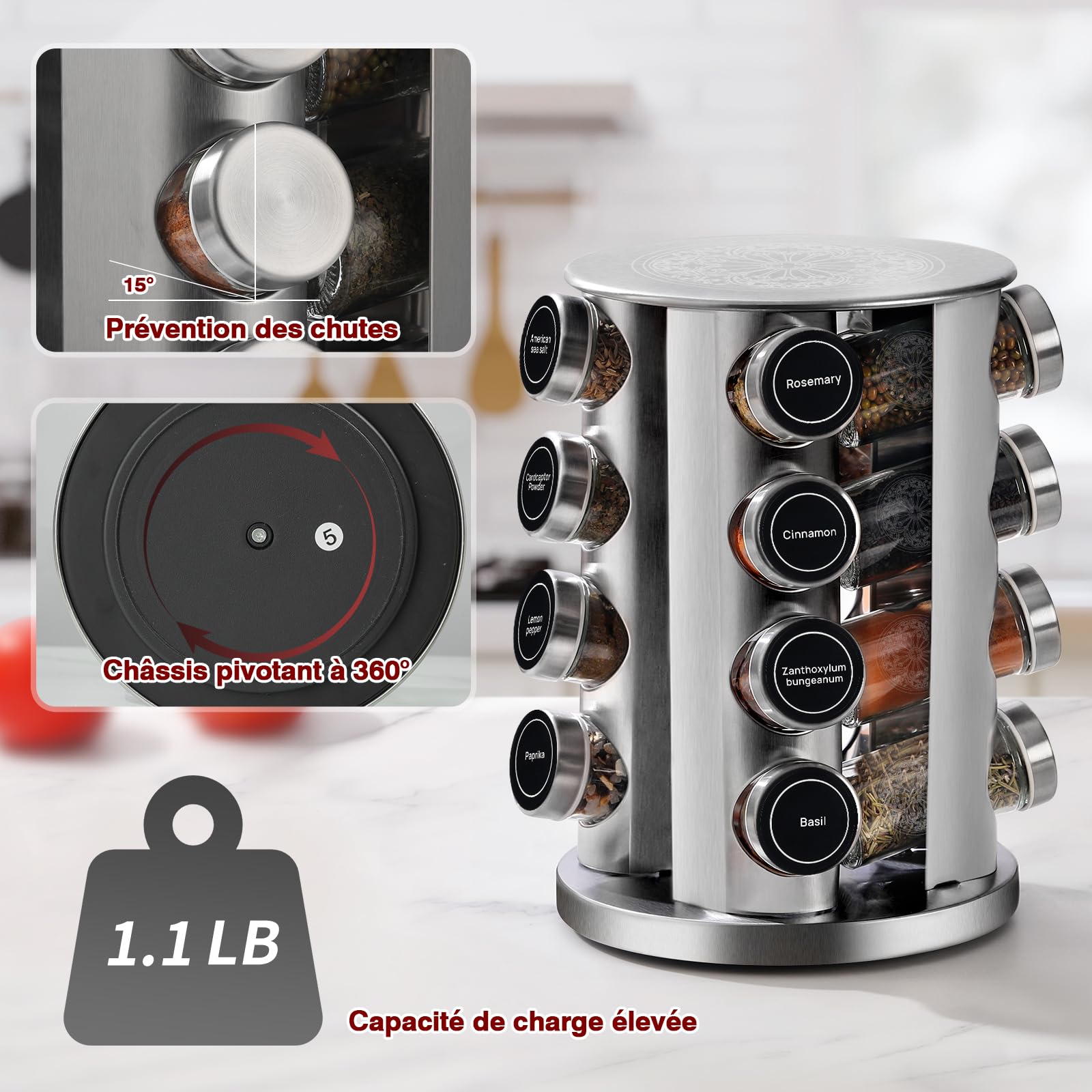 Carrousel à Épices en Acier Inoxydable avec Verres à Épices Ronds 20 * 100ml, Porte Épices Cuisine Rotatif, Étiquette en Français