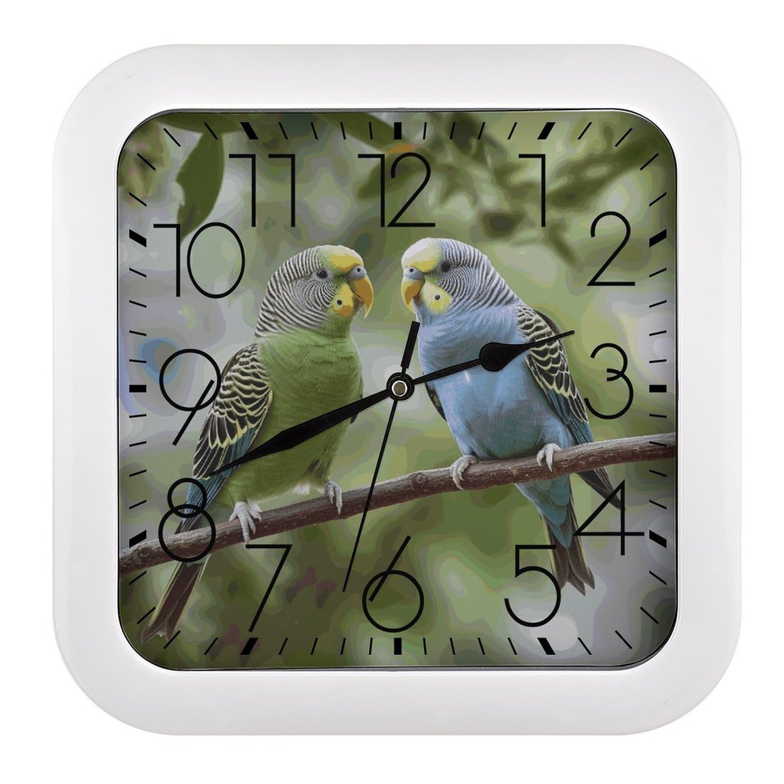 Horloge murale perruches bleue et verte carrée de 25,4 cm