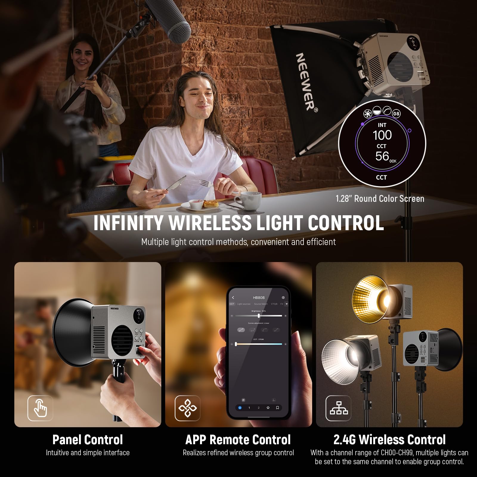 NEEWER 80W LED Video Light with 72Wh Battery/100W PD Fast Charging APP/2.4G Control Portable Bi Color Mini COB Studio Continuous Output Lighting 26500lx/1m 2700-6500K Dimmable CRI95+ 13 Scenes, HB80B