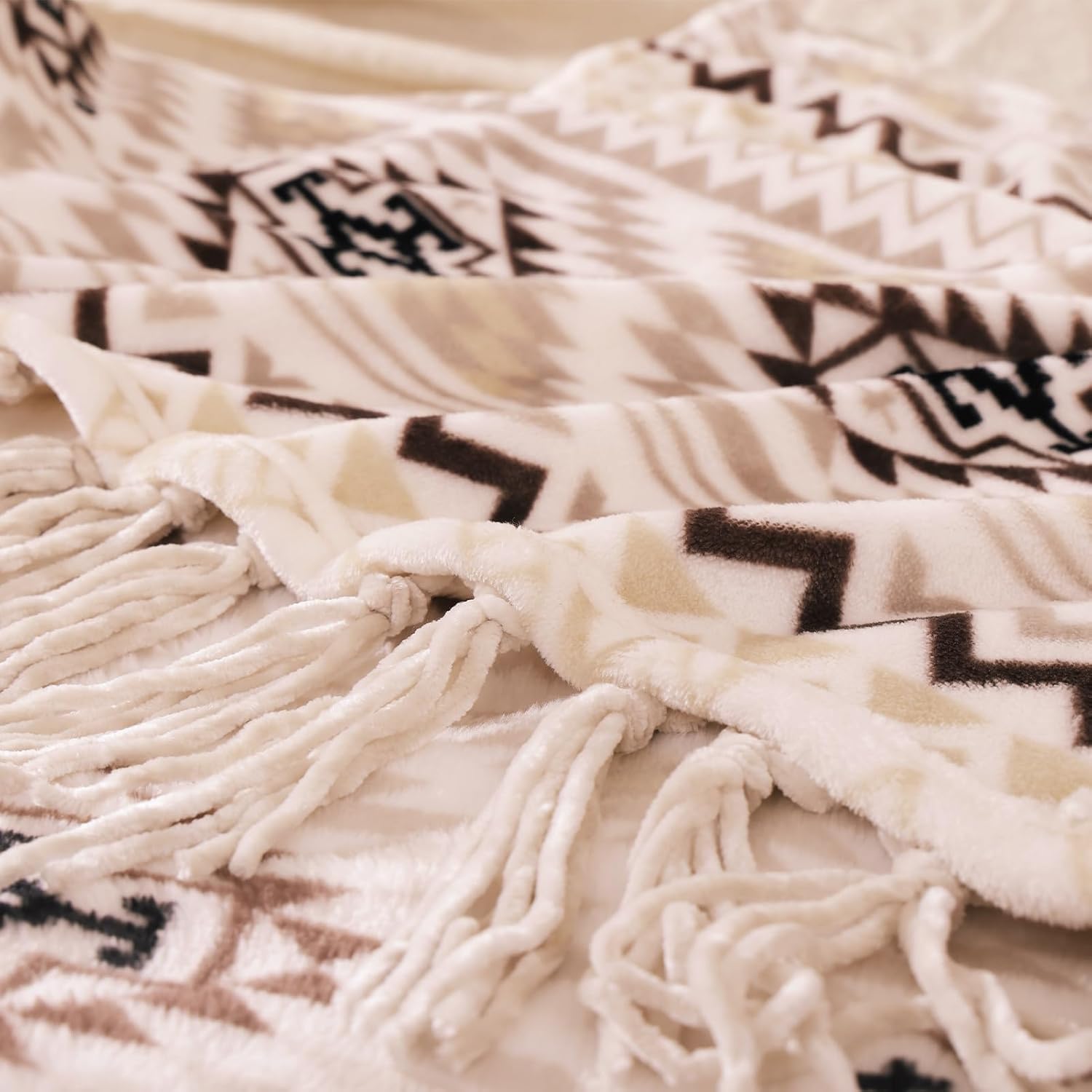 CASAAGUSTO Boho Throw Blanket - Beige and Gray Decorative Blankets with Tassel, Printed Flannel Bohemian Blanket for Chair, Bed, Sofa, Couch(60 * 80, Beige and Gray) - Image 5