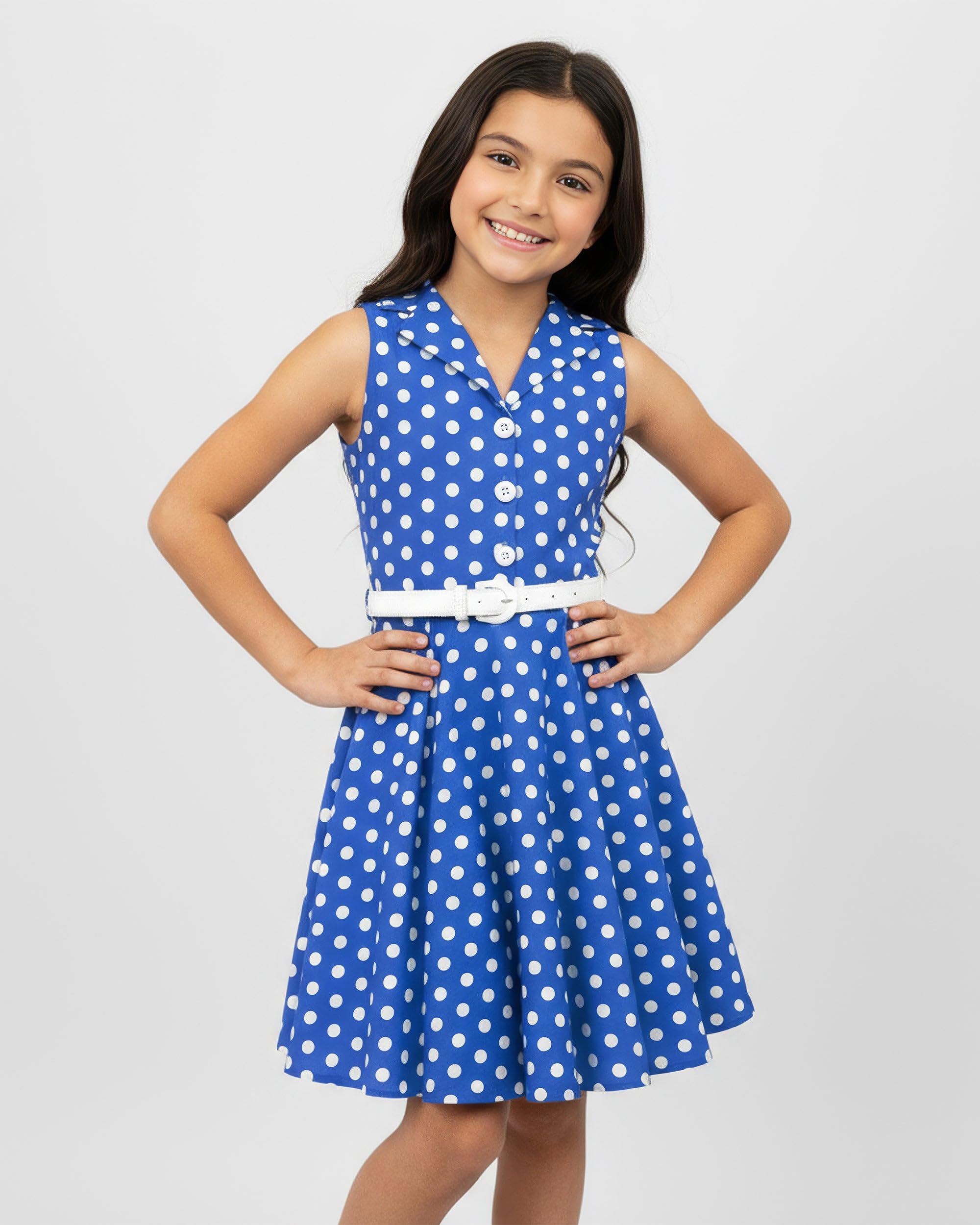 BlackButterfly Mädchen Kleid Holly Punkte | Tellerrock, Ärmellos, Bubikragen, Knopfleiste, Gefüttert, Abnehmbarer Gürtel, Zum Drehen, 3-14 Jahre