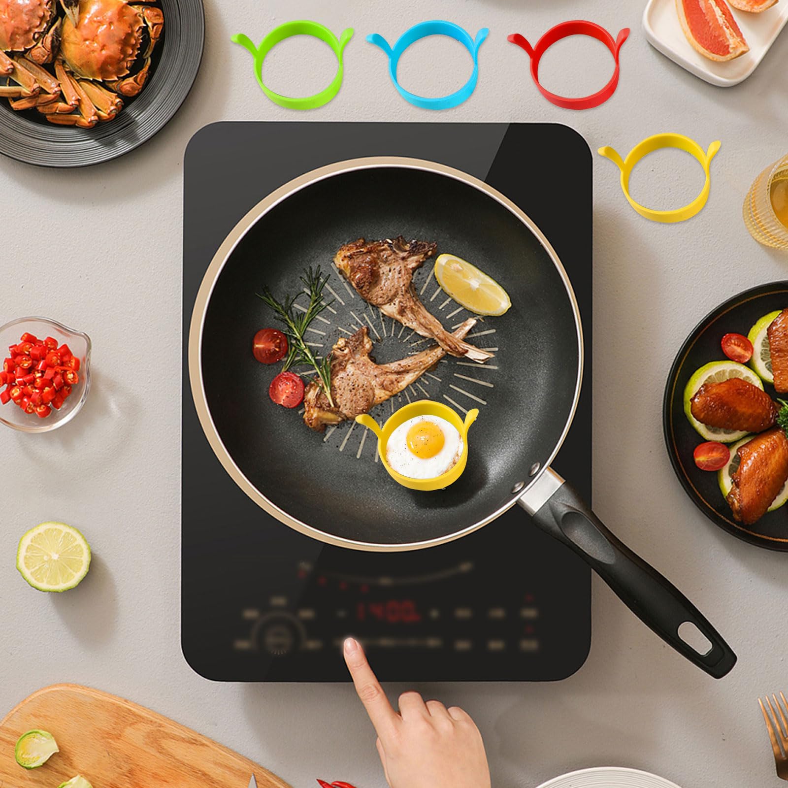 EUPSIIU 8 Pezzi Stampo in Silicone per Uova Fritte, Stampo per Uova Fritte, Stampo Antiaderente per Uova Fritte con Manici, Frittata di Uova, Adatto per Uova Fritte, Frittelle, Dessert (Colorato)