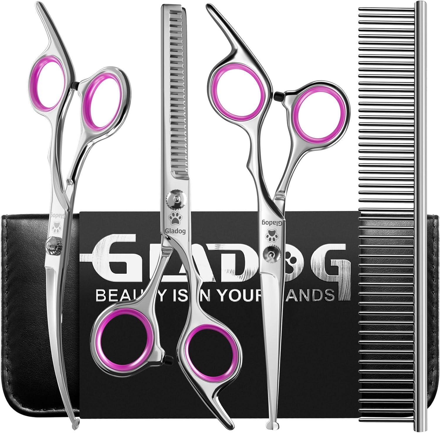 GLADOG 7 Inch Professional Dog Grooming Scissors Kit, 5-in-1 Titanium Coated Pet Grooming Shears Set, Heavy Duty Grooming Scissors for Dogs (Pro Black)