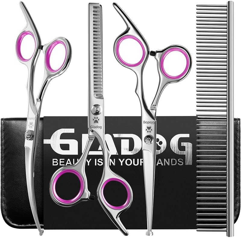 Kit de Tesouras para Tosa de Cães e Gatos GLADOG com Pontas Arredondadas, Aço Inoxidável, Pink 5 in 1