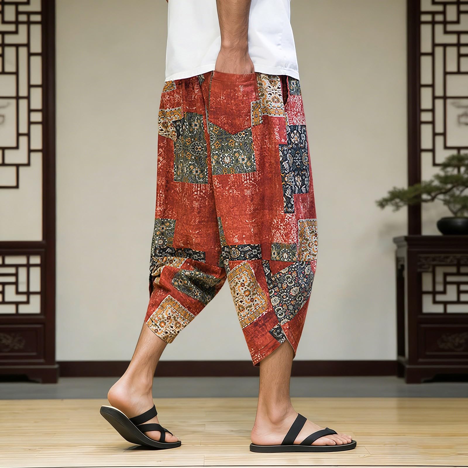 Pantalones de chándal para hombre, transpirables, pantalones harén, pierna ancha, cintura elástica, pantalones de verano, con cordón, puños ajustados, pantalones deportivos monocromáticos