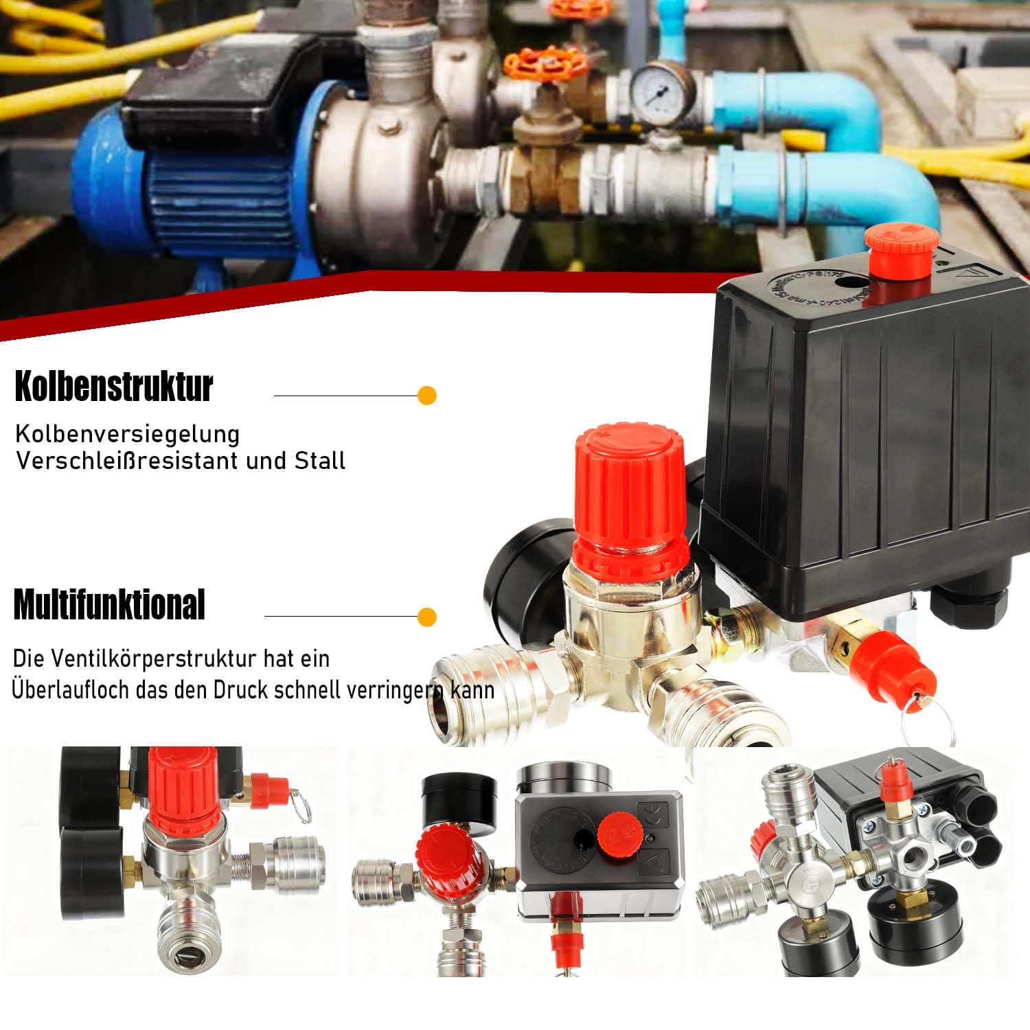 Pressostato per Compressore d'Aria con Regolatore di Pressione 220V, Manometro, Valvola di Sicurezza, Raccordi Rapidi G1/4", 90-120 PSI, Controllo Manuale ON/OFF