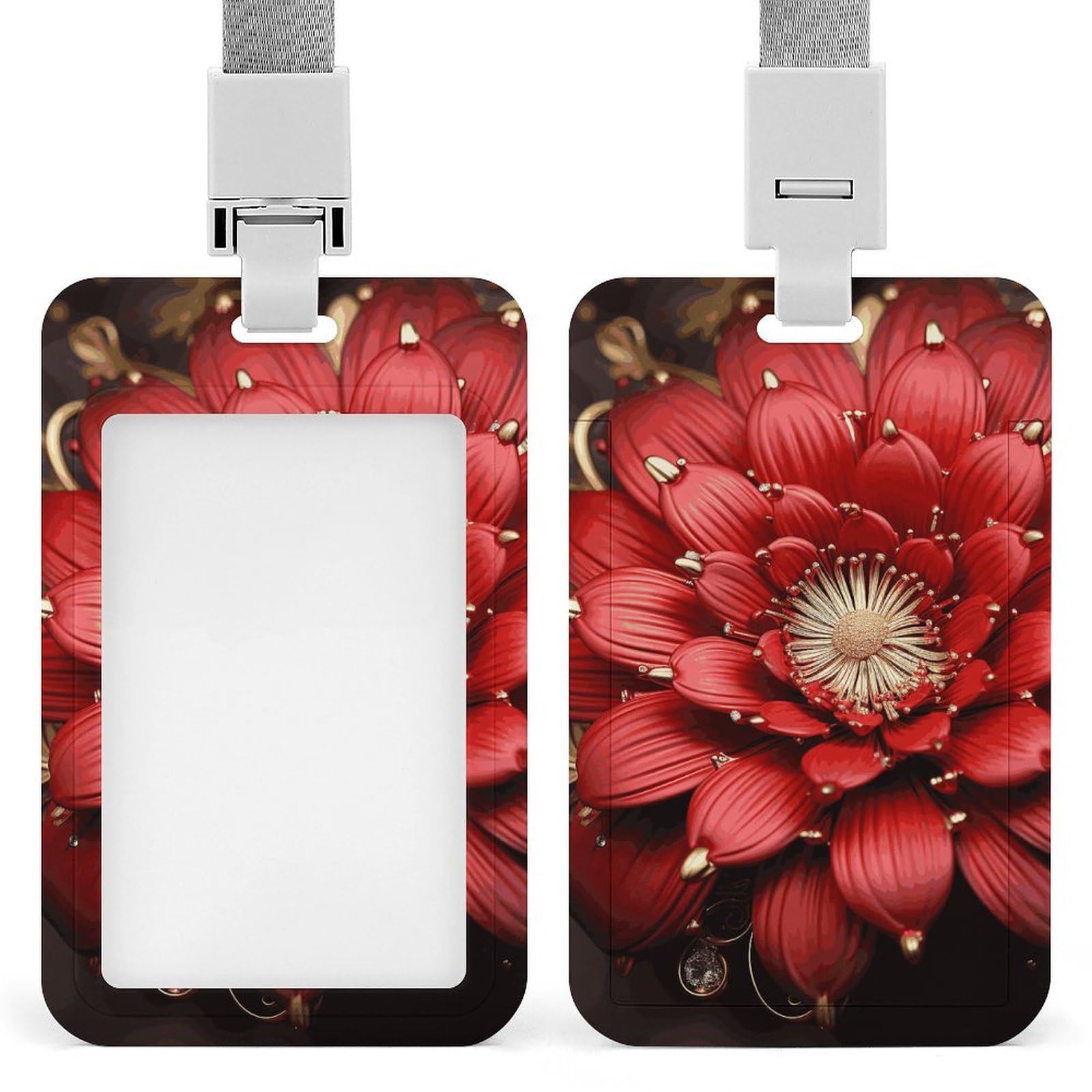 ID Card Holders for Lanyard,Red Gold Flower Printed Badge Holder with Clear Window,Plastic Vertical Bus Pass Holders for Work Teacher Nurse Employees Proximity Key Cards Women Men — image 1