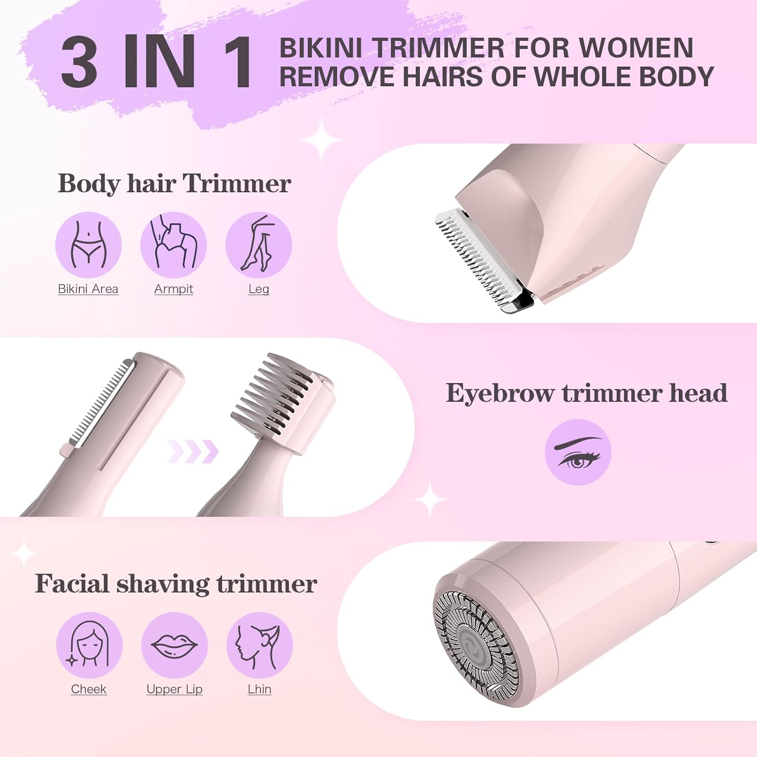 Women Bikini Trimmer - 3 in 1 Easy Cleaning Electric Razors for Women, 5V Rechargeable Pubic Hair Bikini Shaver, Waterproof Wet Dry Hair Remover & Trimmer for Underarm Leg Arm Body Face - Image 2