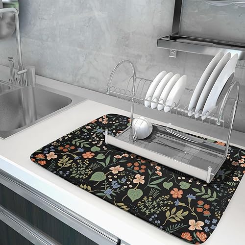 Miniatura 5 de Tapete de secado de platos de flores negras para encimera de cocina, 18 x 24 pulgadas, almohadilla de secado de microfibra reversible absorbente,