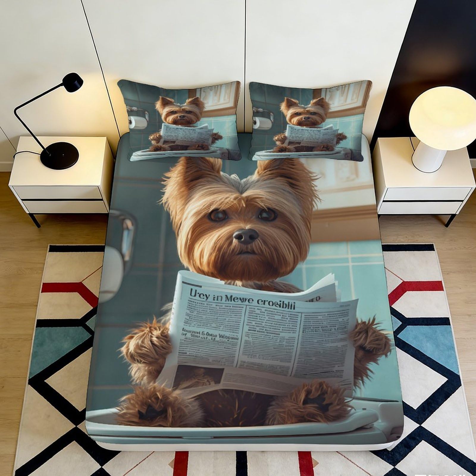 3D Printed Cute Dog Fitted Sheet Microfiber Soft Breathable Puppy Mattress Cover for Bedroom Dormitory Guest Room Protection Decor 180x200x25cm