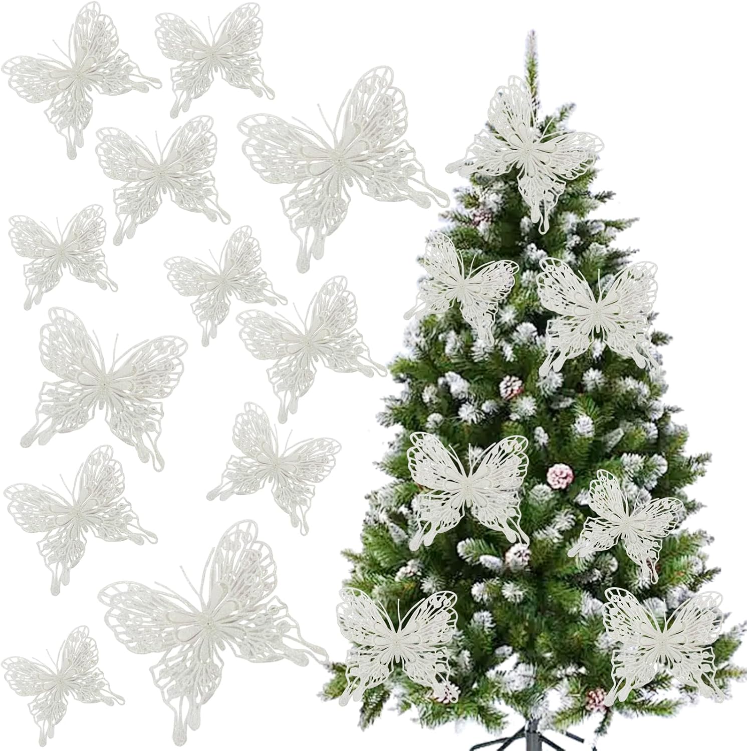 Blue Christmas Tree Butterfly Ornaments Glitter Butterfly Decorations Artificial Butterflies with Clip & Stem for Xmas Party Wreath Garland Decor - 12-Pack 5inch 3D Hollow Butterflies thumbnail