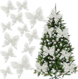 White Christmas Tree Butterfly Ornaments Glitter Butterfly Decorations Artificial Butterflies with Clip & Stem for Xmas Party Wreath Garland Decor - 12-Pack 5inch 3D Hollow Butterflies