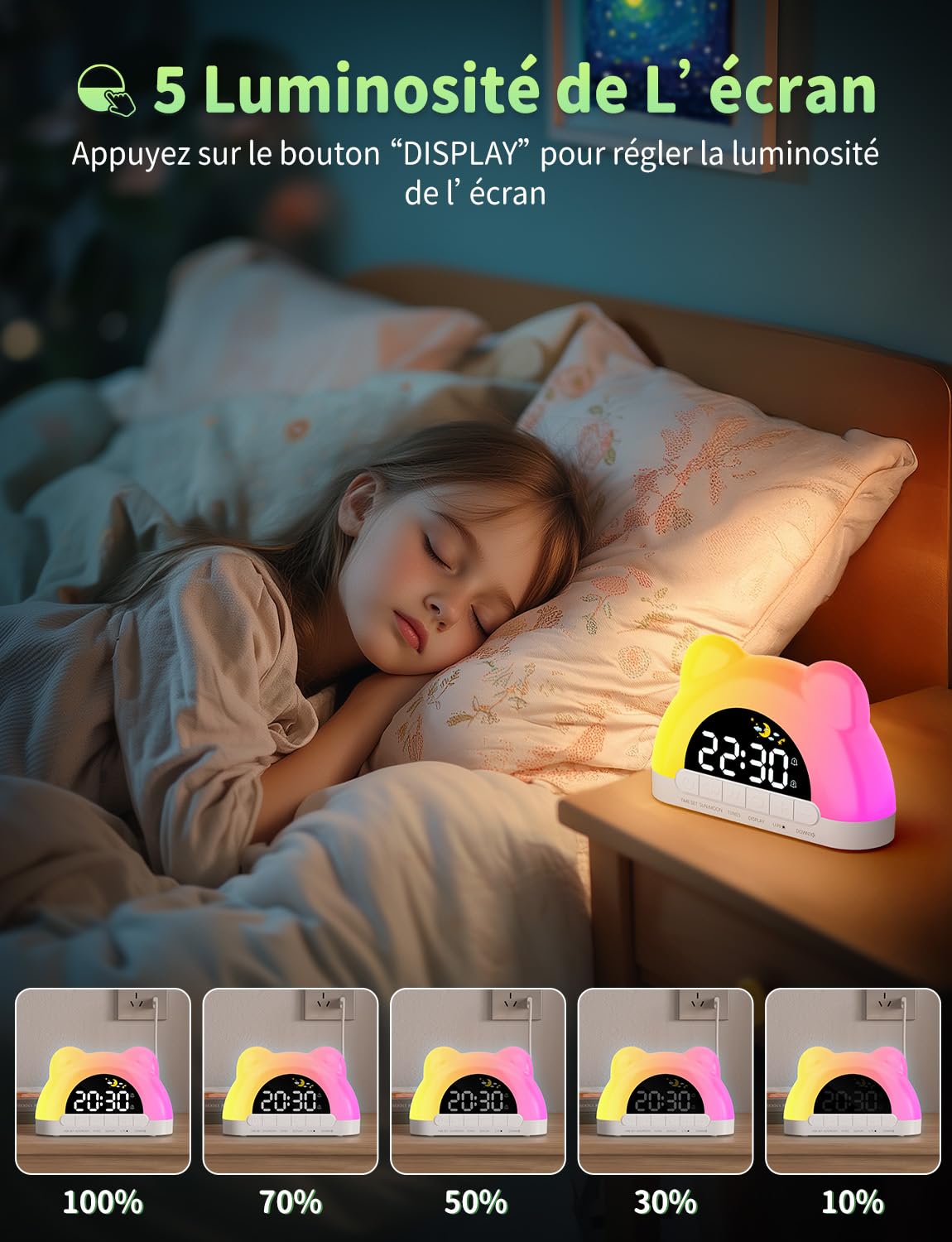 Reveil Enfant Educatif Jour/Nuit, Réveil Enfants avec 11 Effets de Lumière, Comprend Une Luminosité Automatique de l’Écran, Réveil Numérique pour Garçons Filles, Deux Alarmes, Chambre D'enfant
