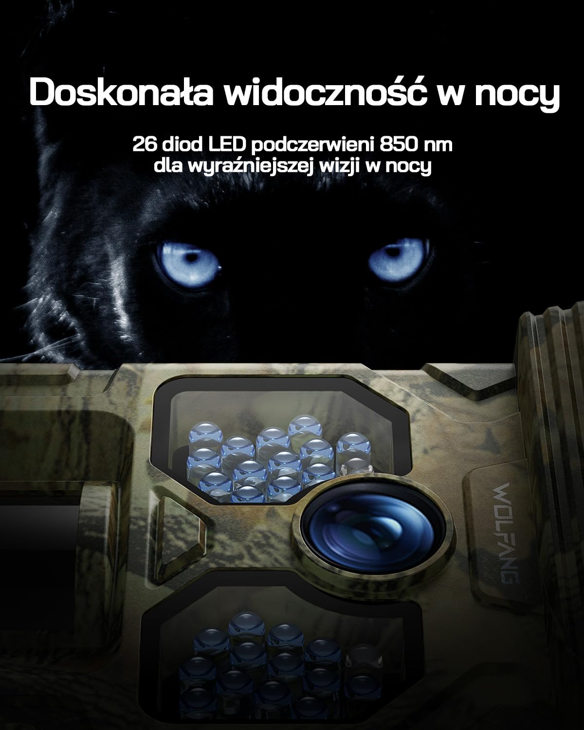 WOLFANG Solarna kamera przyrodnicza 4K 48 MP, kamera szlakowa z noktowizorem aktywowanym ruchem 0,1 s, czas wyzwalania IP66, wodoodporna camera do gier do monitorowania dzikiej przyrody