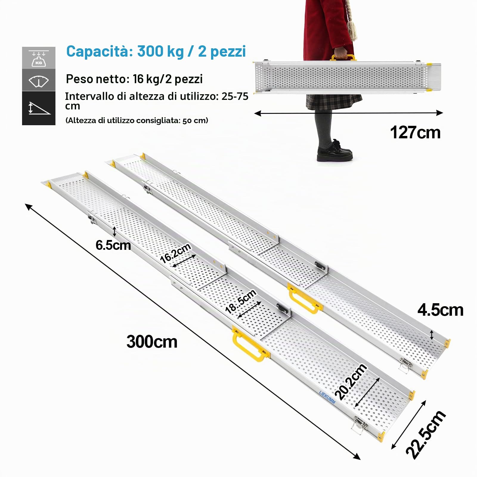 LIEKUMM Rampa per Sedia a Rotelle, 126cm-300cm Rampe di Carico Telescopiche in alluminio, Portata 300kg Rampe per Scooter, biciclette, sedie a rotelle manuali