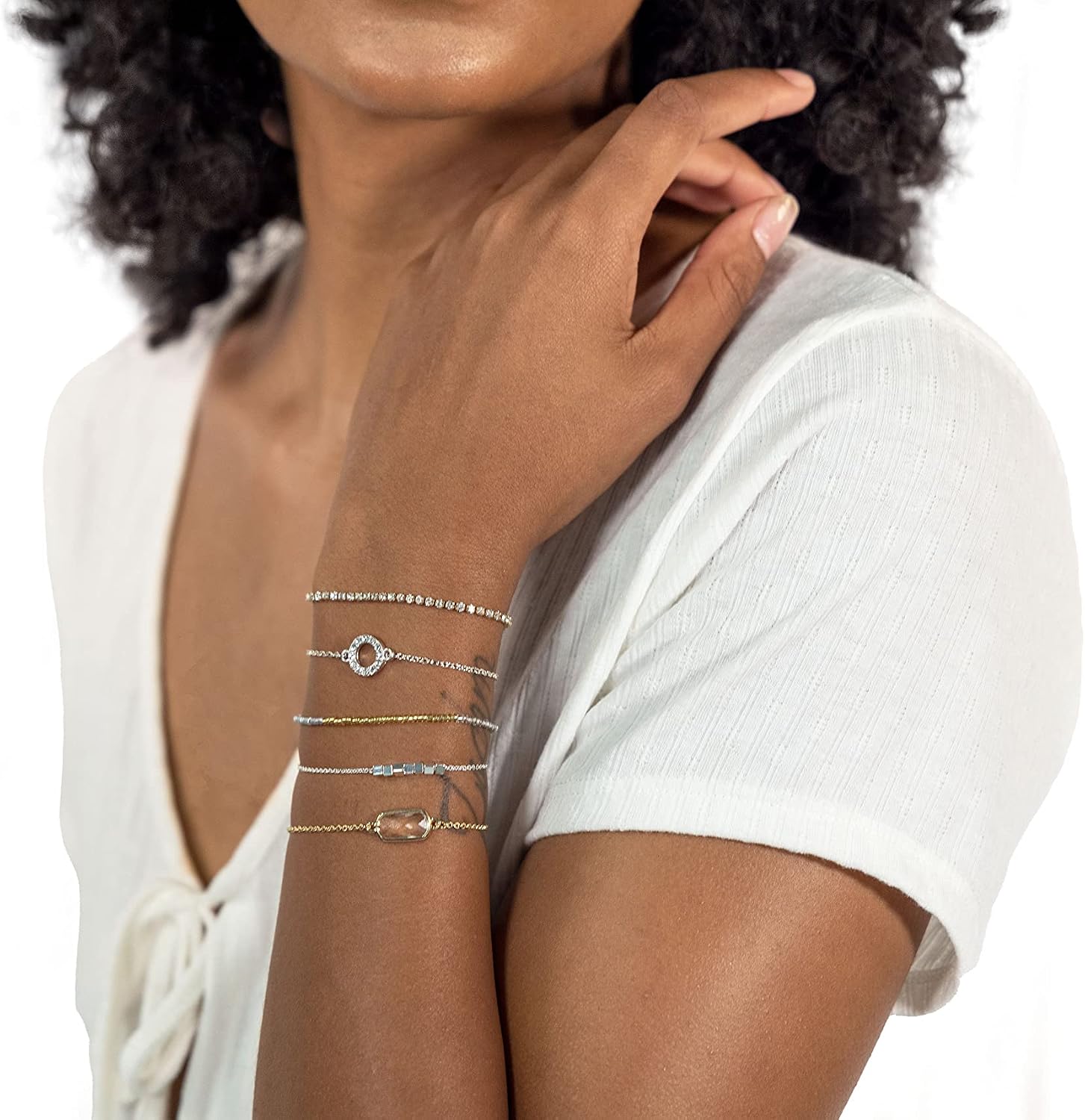 Kevia Set of 5 Stacking Bracelets in Mixed Silver & Gold with CZ Accents