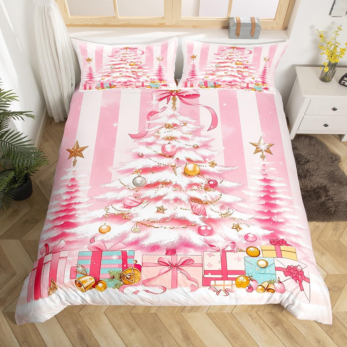 Feelyou Bettwäscheset mit Weihnachtsbaum-Motiv, glitzernder Weihnachtsbaum, Schneeflocke, Bettbezug-Set für Kinder, Jungen, Mädchen, Frohe Weihnachten, King-Size-Größe, weiche Streifen, Bettbezug,