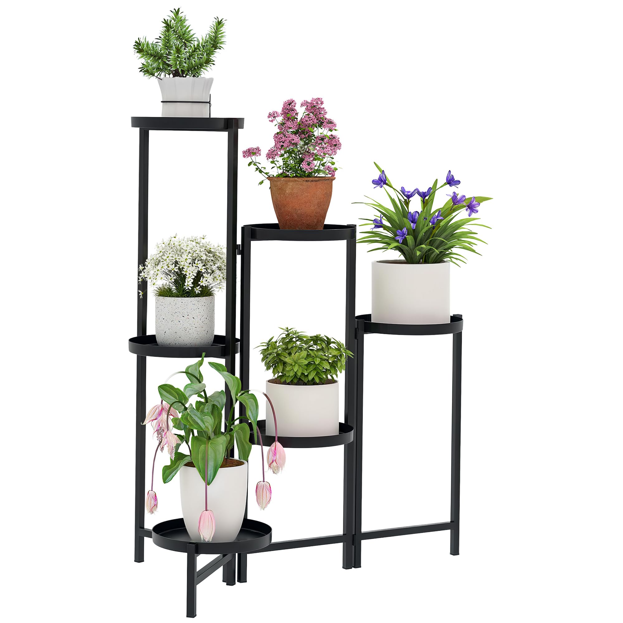 Outsunny Support pour plantes 6 niveaux Ajustable Pliable Métal Noir | Étagère Plante, Design sans Vis, Porte Plantes d'Intérieur pour Plusieurs Fleurs
