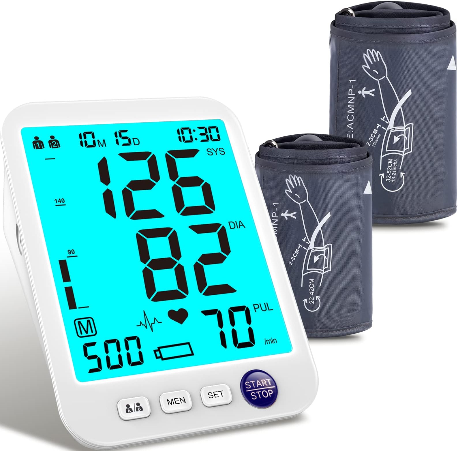 Urion Automatic Blood Pressure Machine XL Cuff for Big Arms 13-21”-Medium/Large Cuff 9"-17"Extra Large Backlit LCD Heart Rate Detection Two User 1000 Mem (Blue