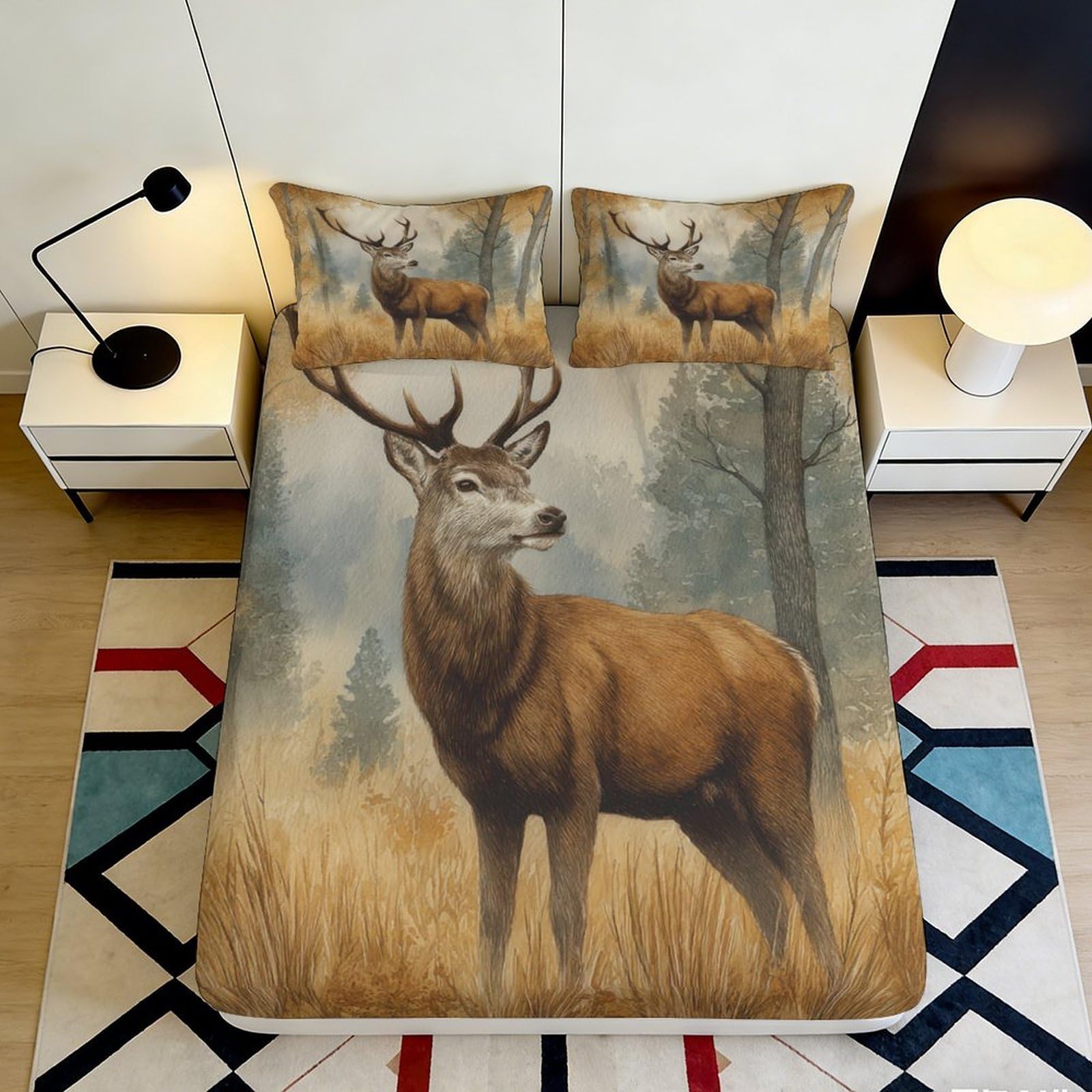 3D Printed Majestic Deer Fitted Sheet Microfiber Anti-Slip Woodland Elk Mattress Cover for Bedroom Decor 90x200x25cm