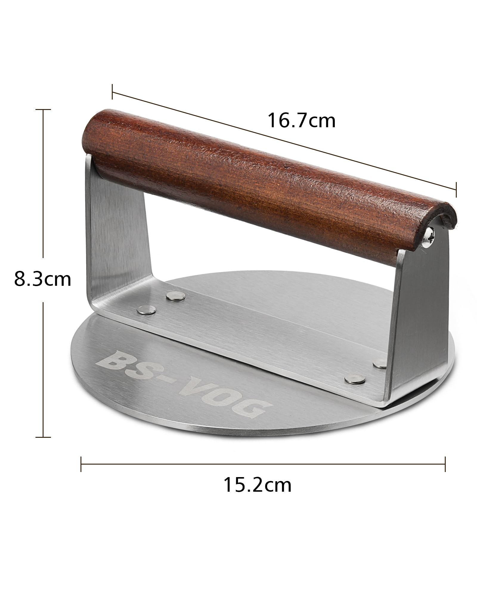 BS-VOG Smashed Burger Press, Pressa per Hamburger con Manico in Legno, 15.24 cm in Acciaio lnossidabile, Strumento per Grigliata, Carne, Patty, Steak, Bacon, ldea Regalo per Amanti del Barbecue