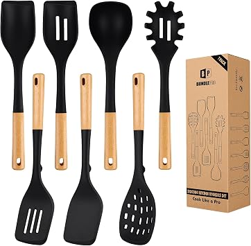 Silicone Kitchen Utensil Set for Non Stick Cookware, 7 Pcs Heat Resistant Cooking Utensils with Wooden Handle, BPA Free Kitchen Tools with Spatulas, Spoons, Skimmer and Pasta Fork Black